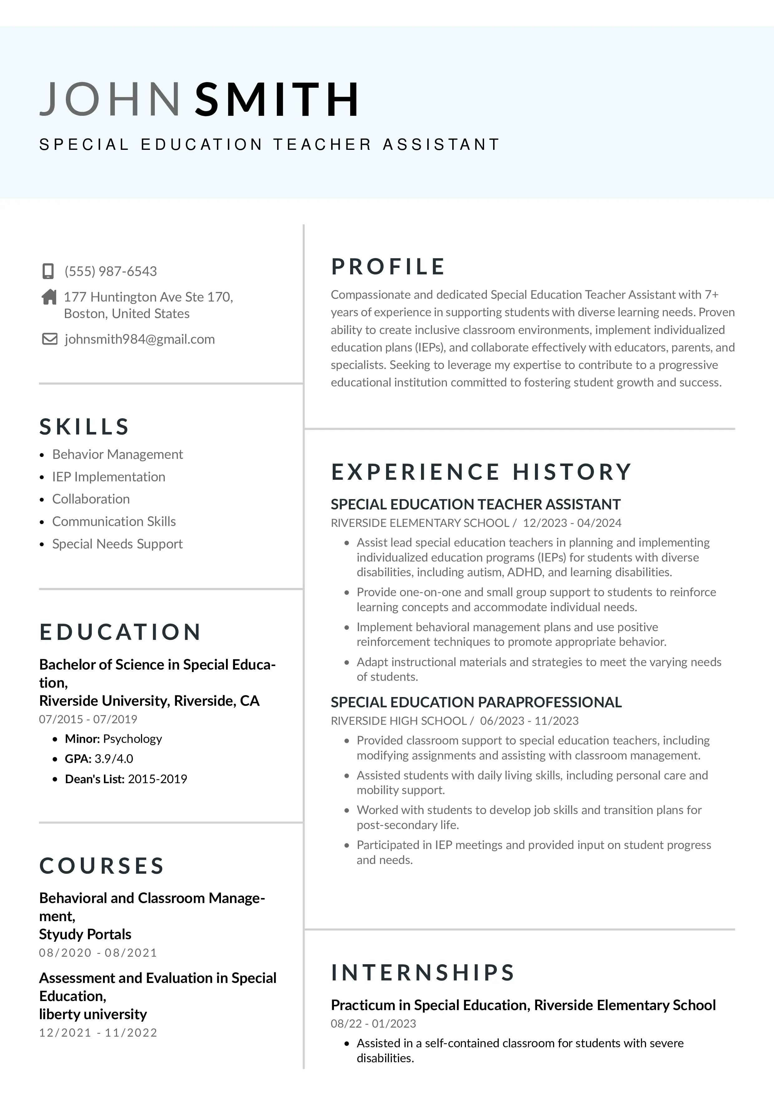 Resume example of special education teacher assistant resume using instaresume.io template.
