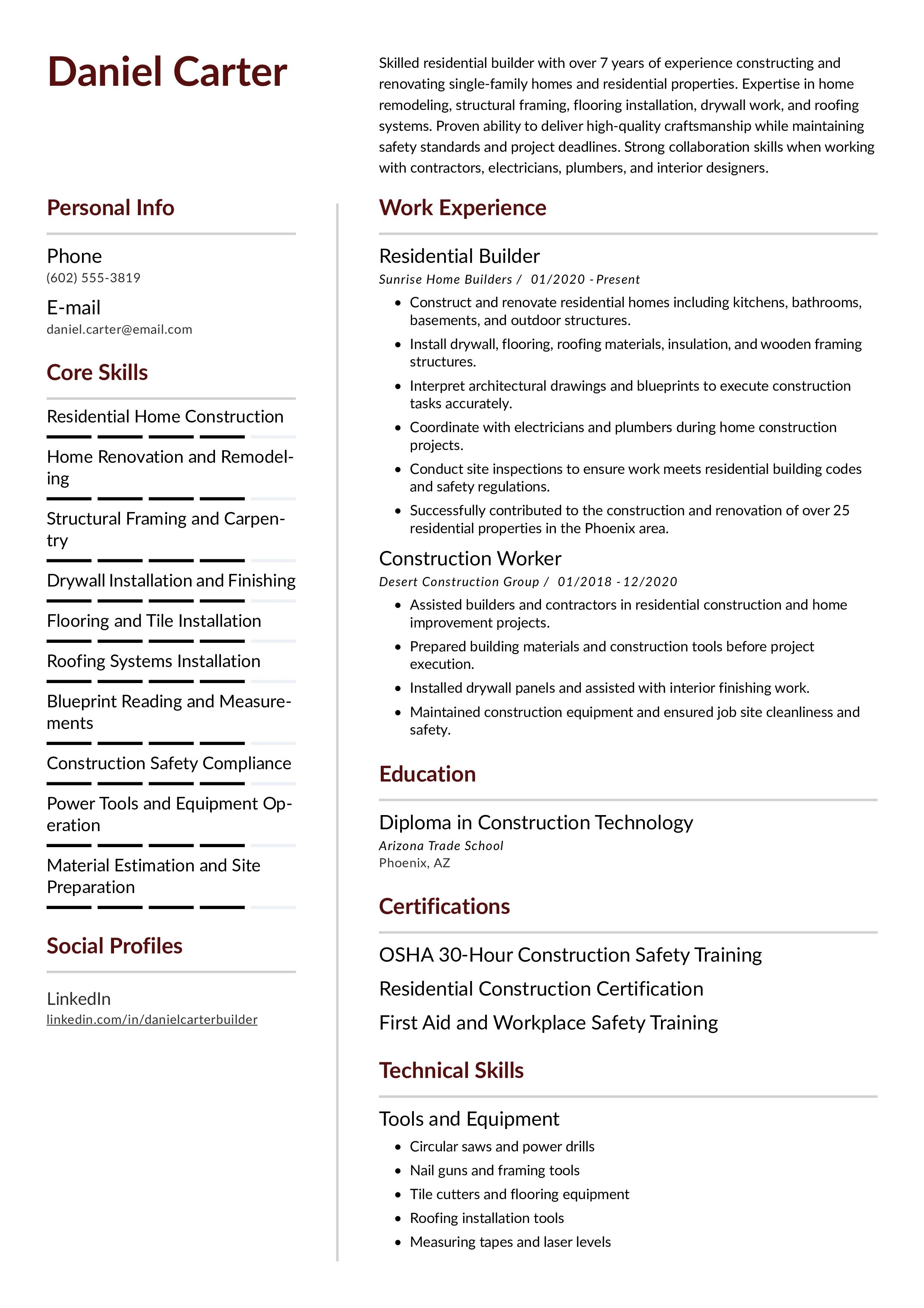 Residential Builder Resume Example