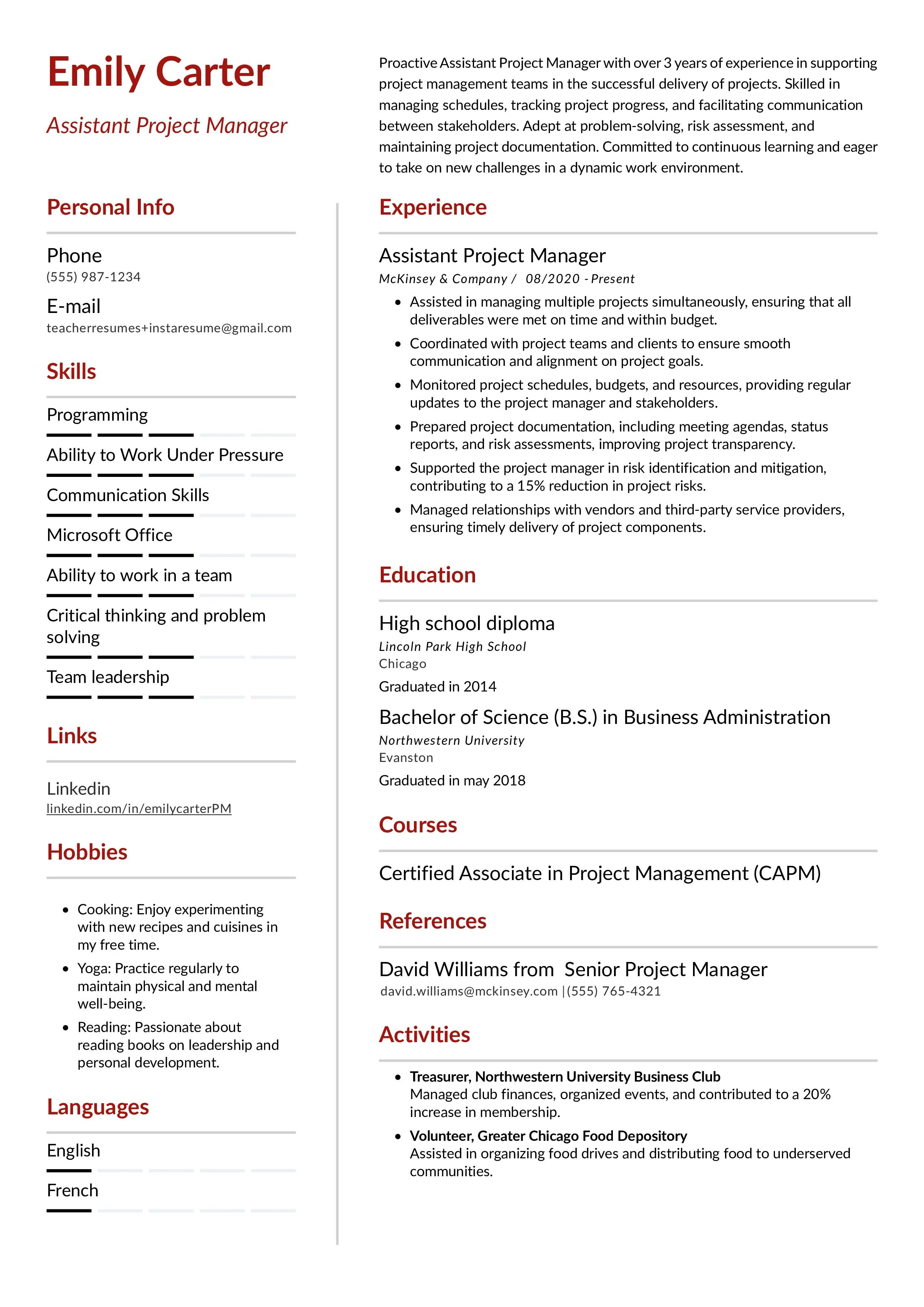 Assistant project manager resume