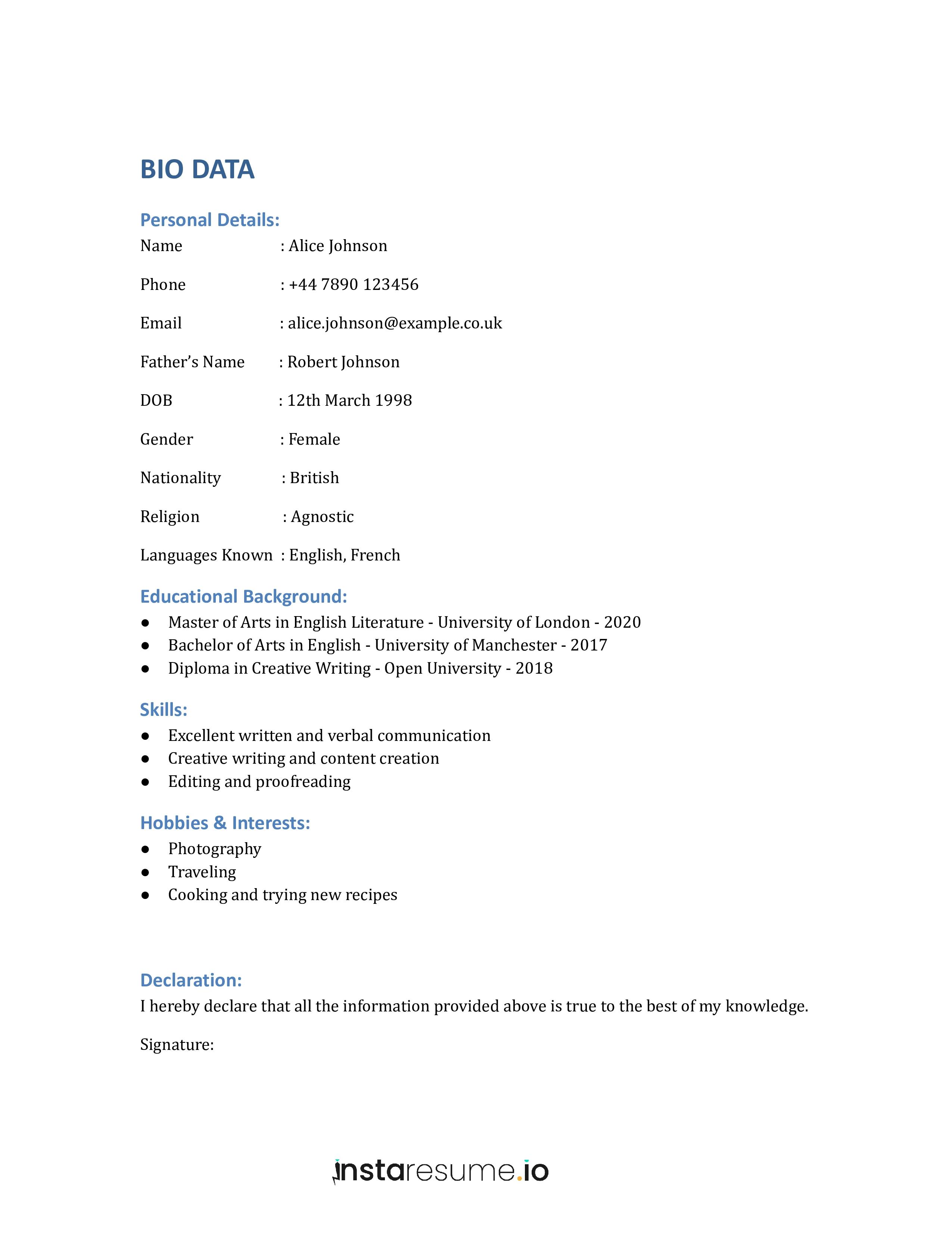 Biodata Format (15+ Samples of biodata for different contexts) (Free ...