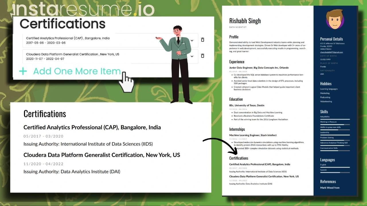 Steps for putting certifications on resume using instaresume.io 