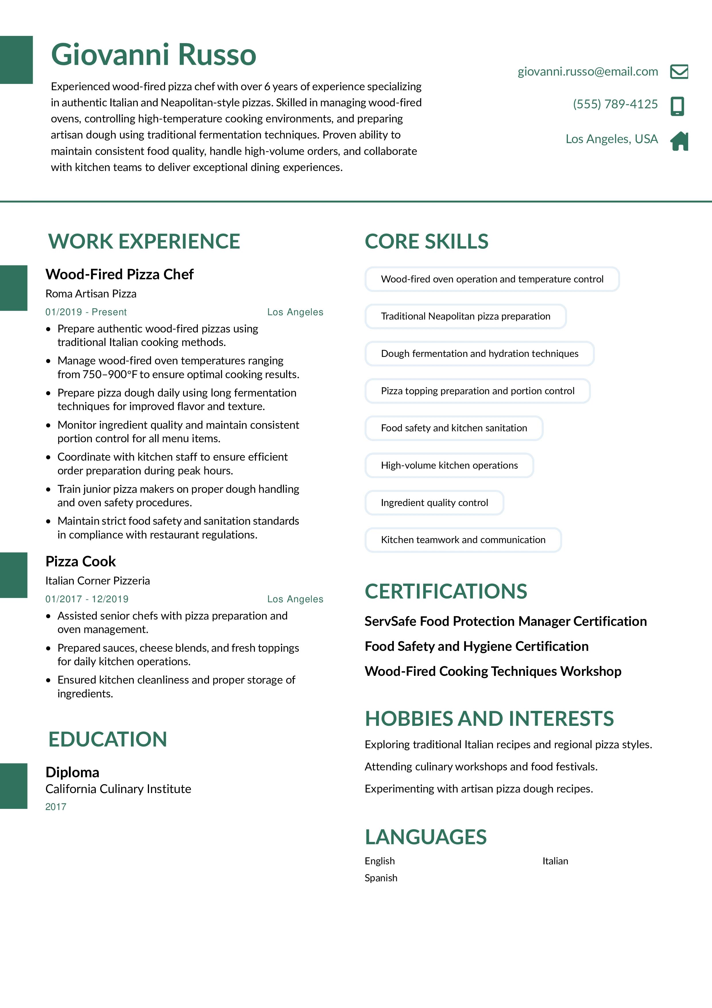 Wood-Fired Pizza Chef Resume