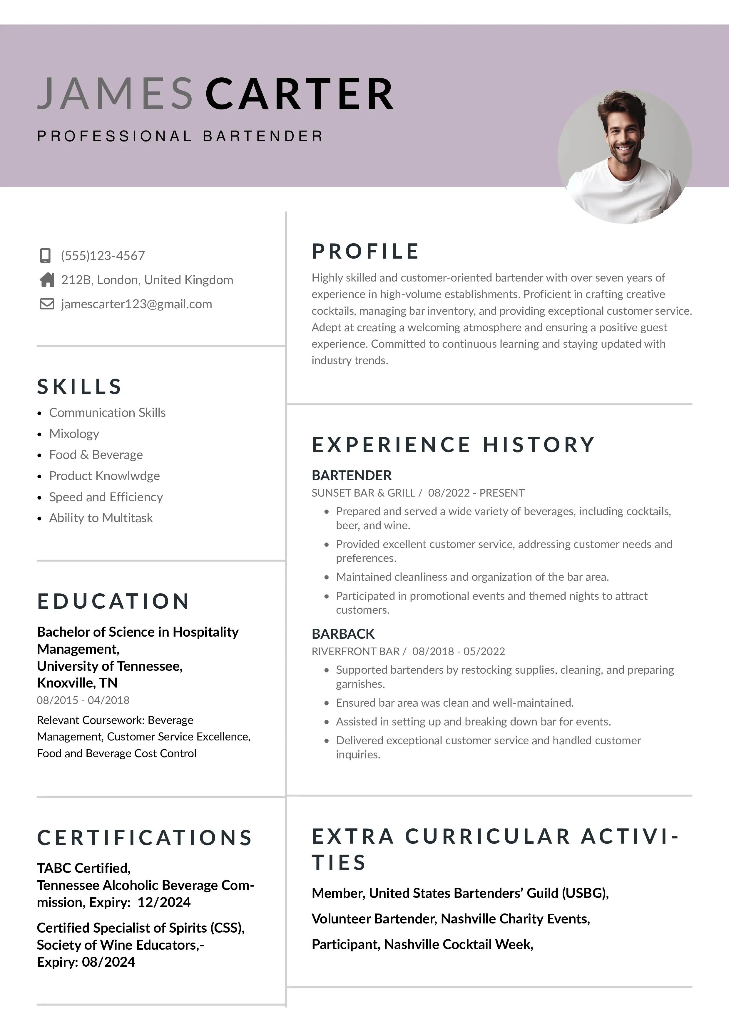 Bartender Resume example from instaresume