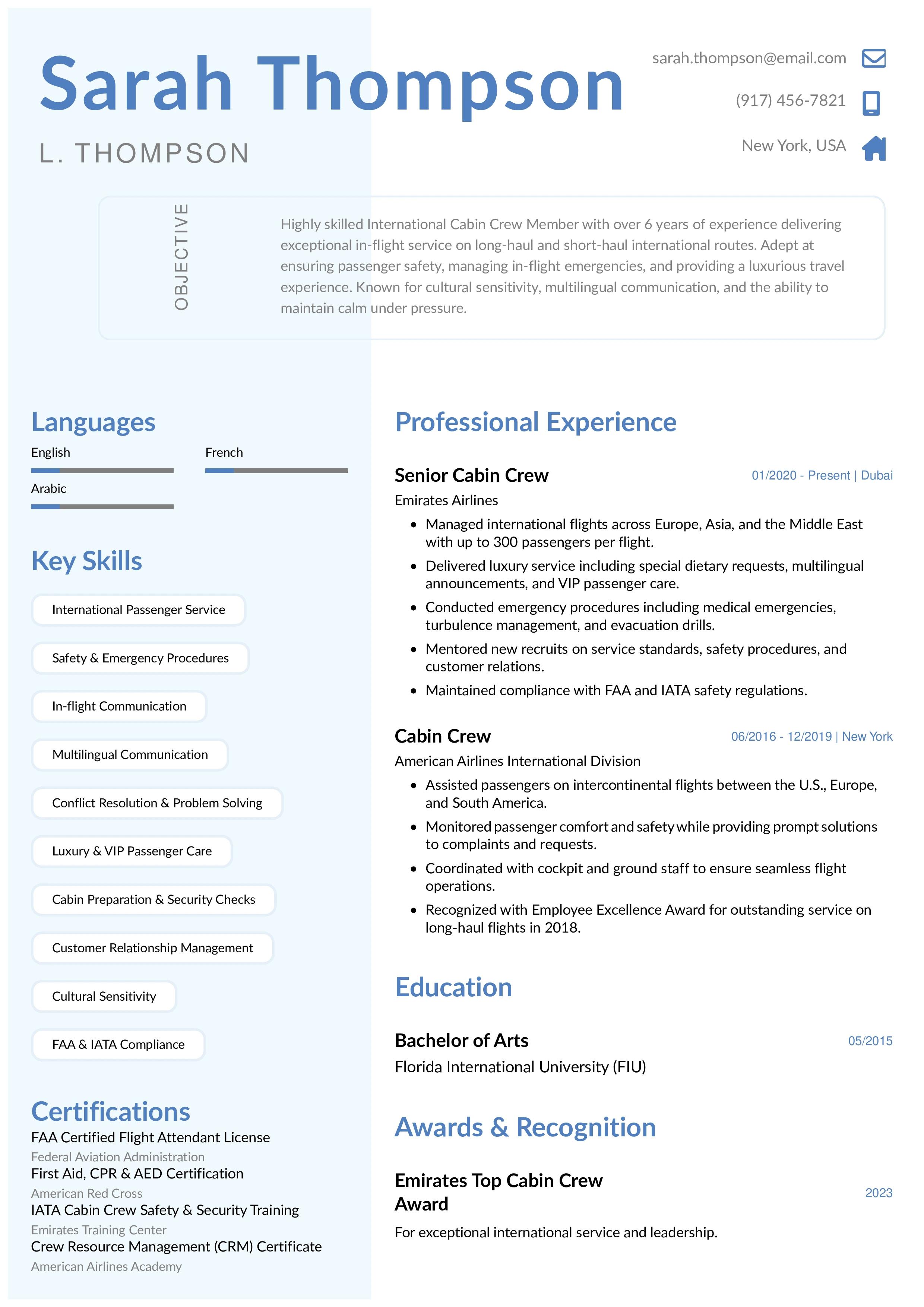 International Cabin Crew Resume Example