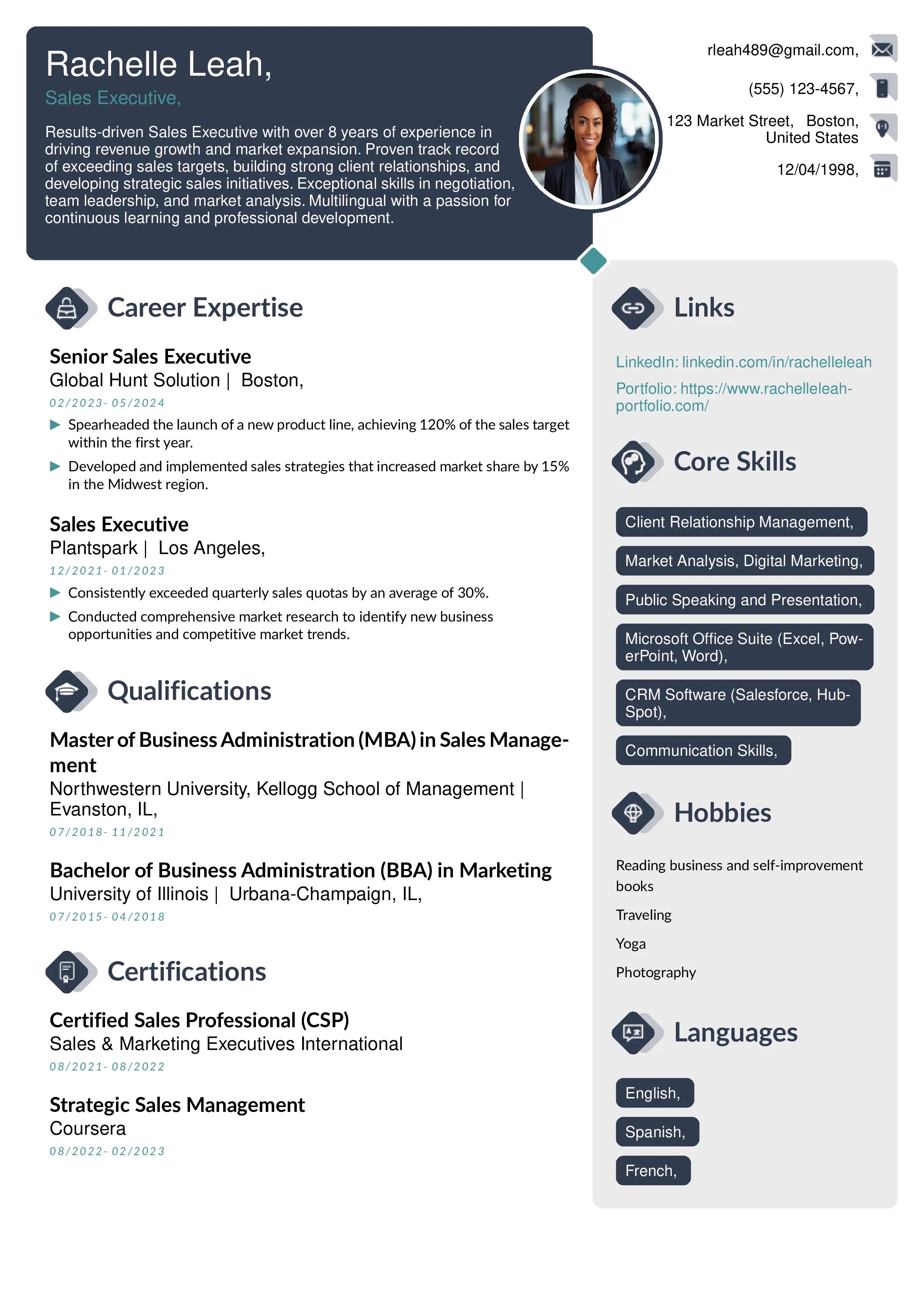 Sales Executive resume example from instaresume.io