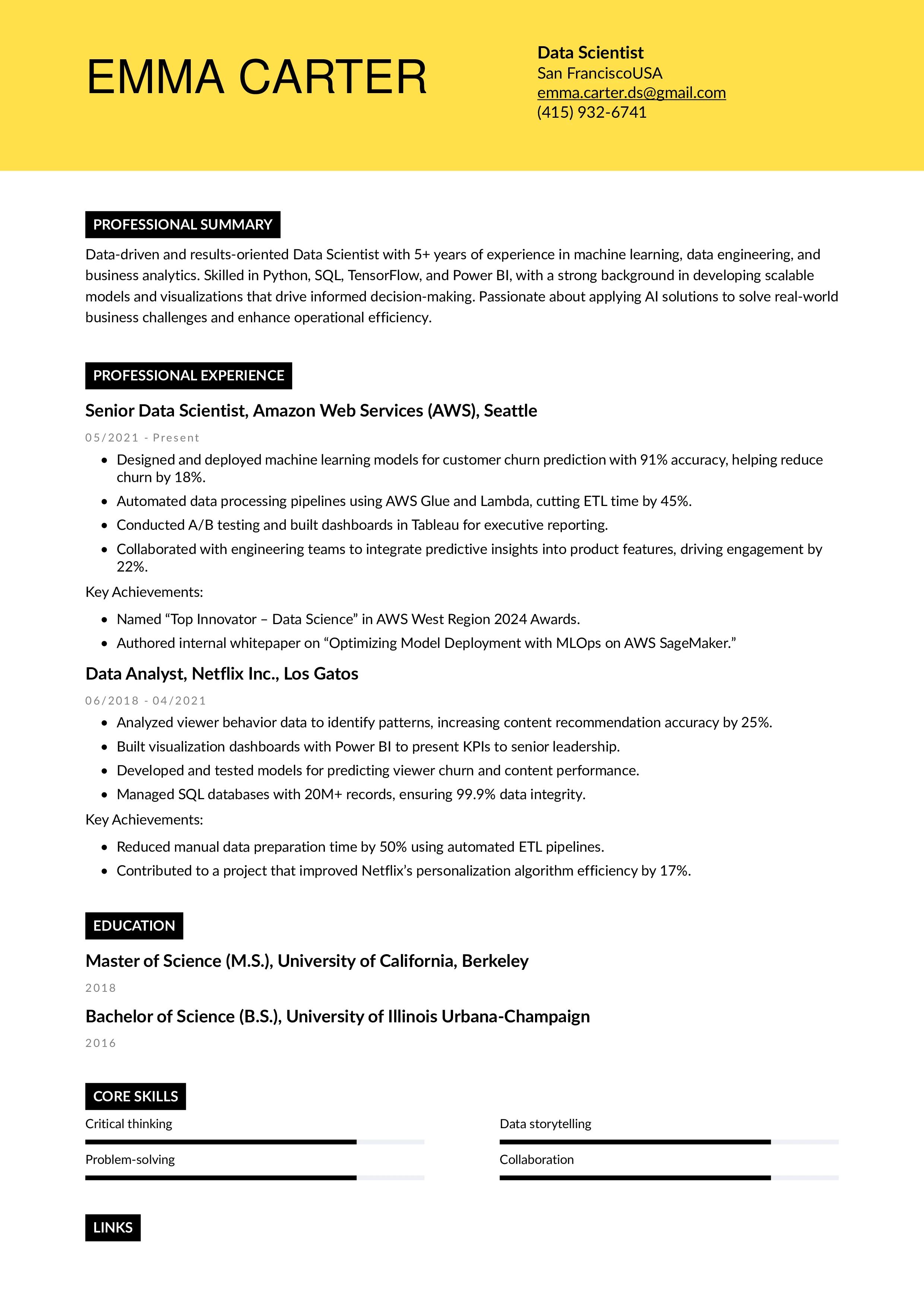 Data Scientist Resume Example