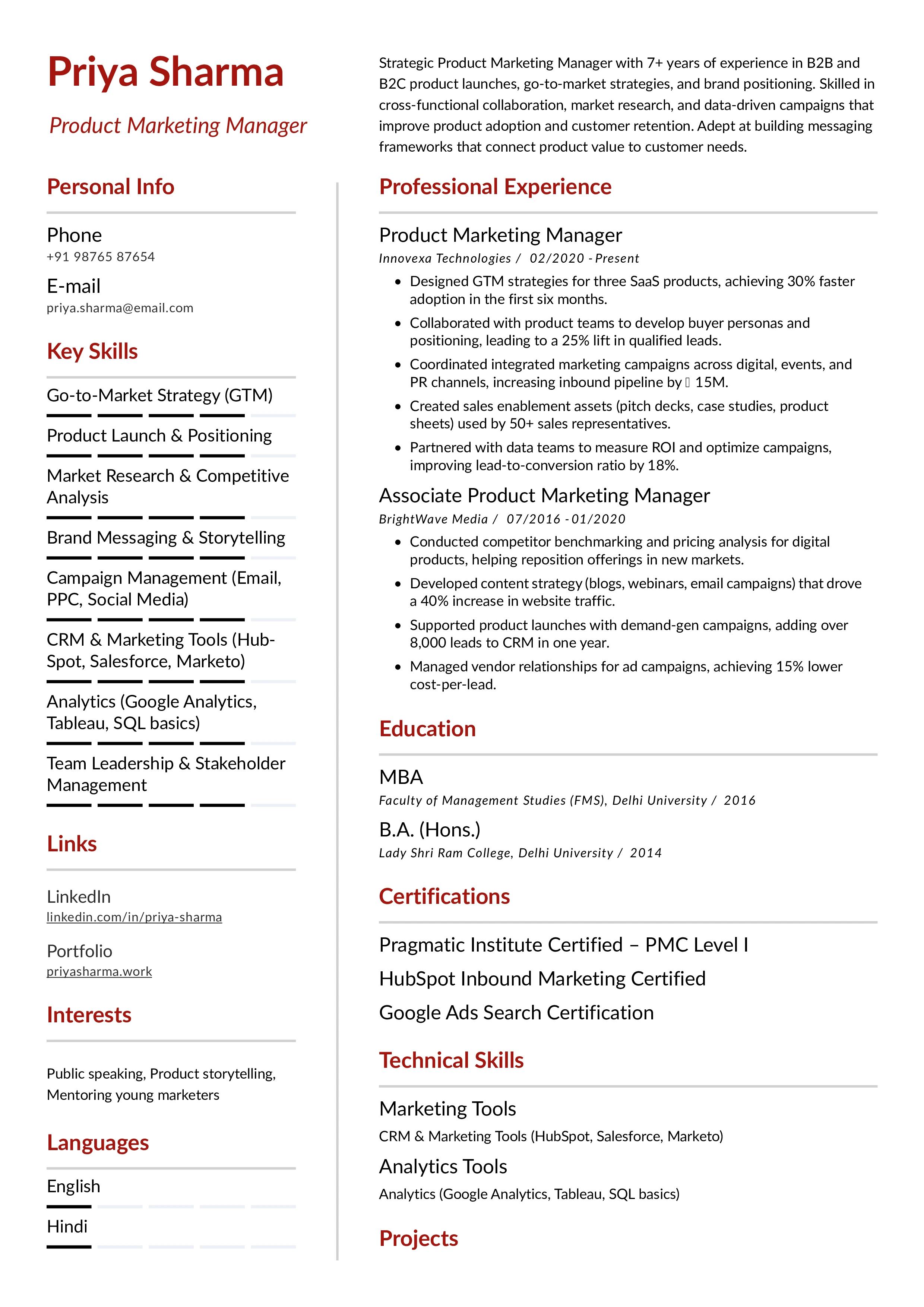 Product Marketing Manager Resume