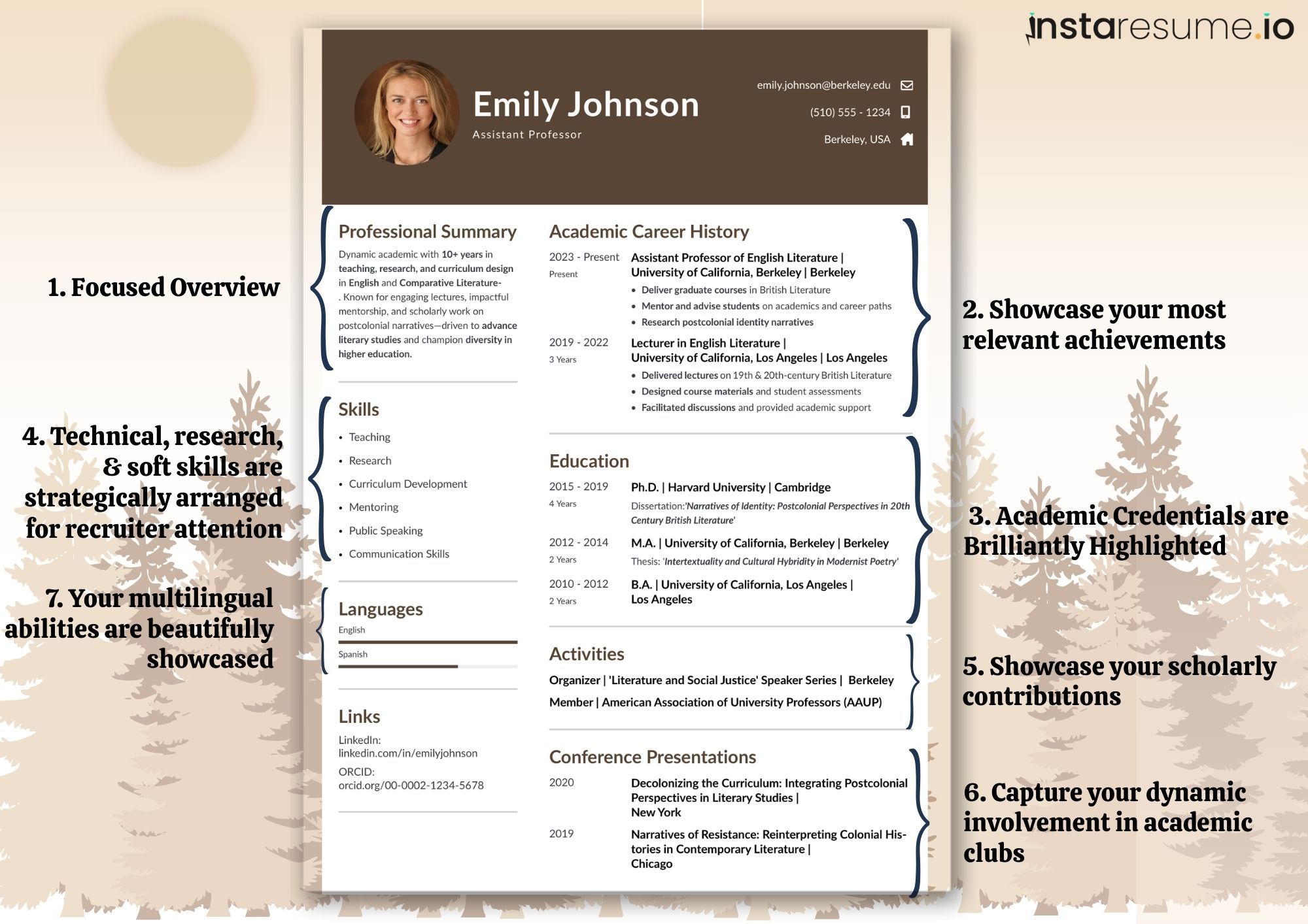 Professional academic resume template by Instaresume.io designed for professors, researchers, and educators. Features a focused professional summary, detailed academic career history, highlighted education credentials, and strategically arranged technical, research, and soft skills. Includes sections for scholarly contributions, conference presentations, academic activities, multilingual abilities, and portfolio links—ideal for showcasing teaching expertise, research achievements, and academic leadership