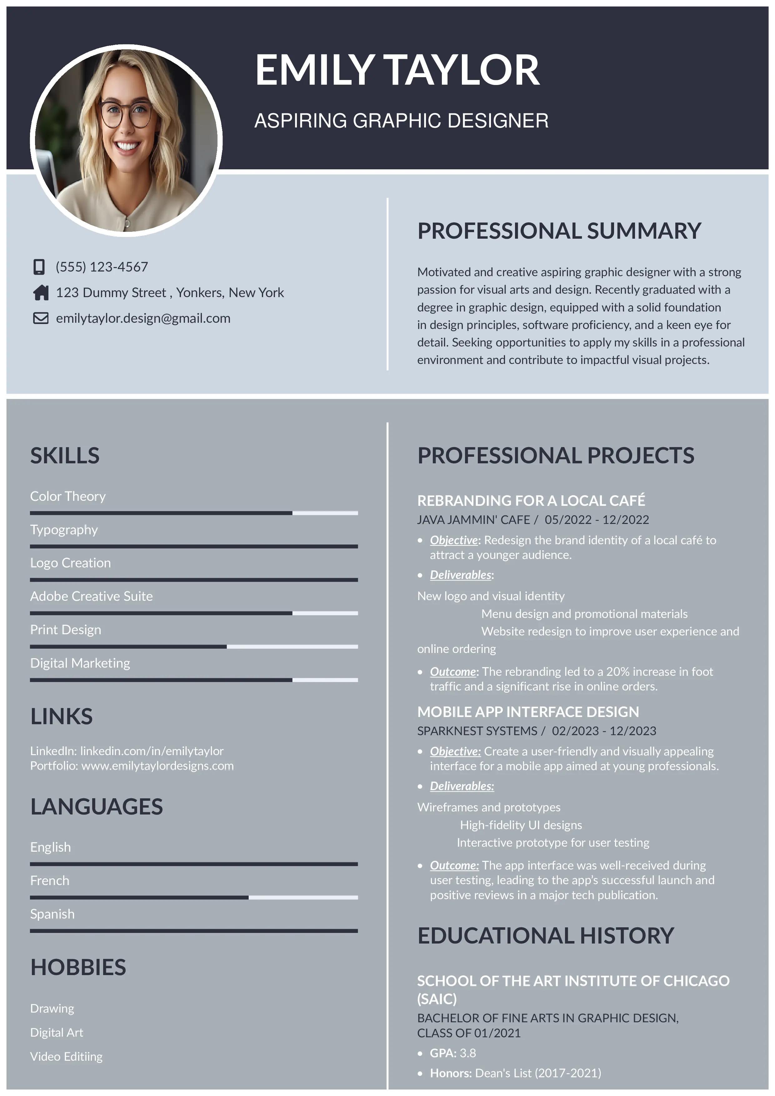 Resume example of aspiring graphic designer from the template of instaresume.io