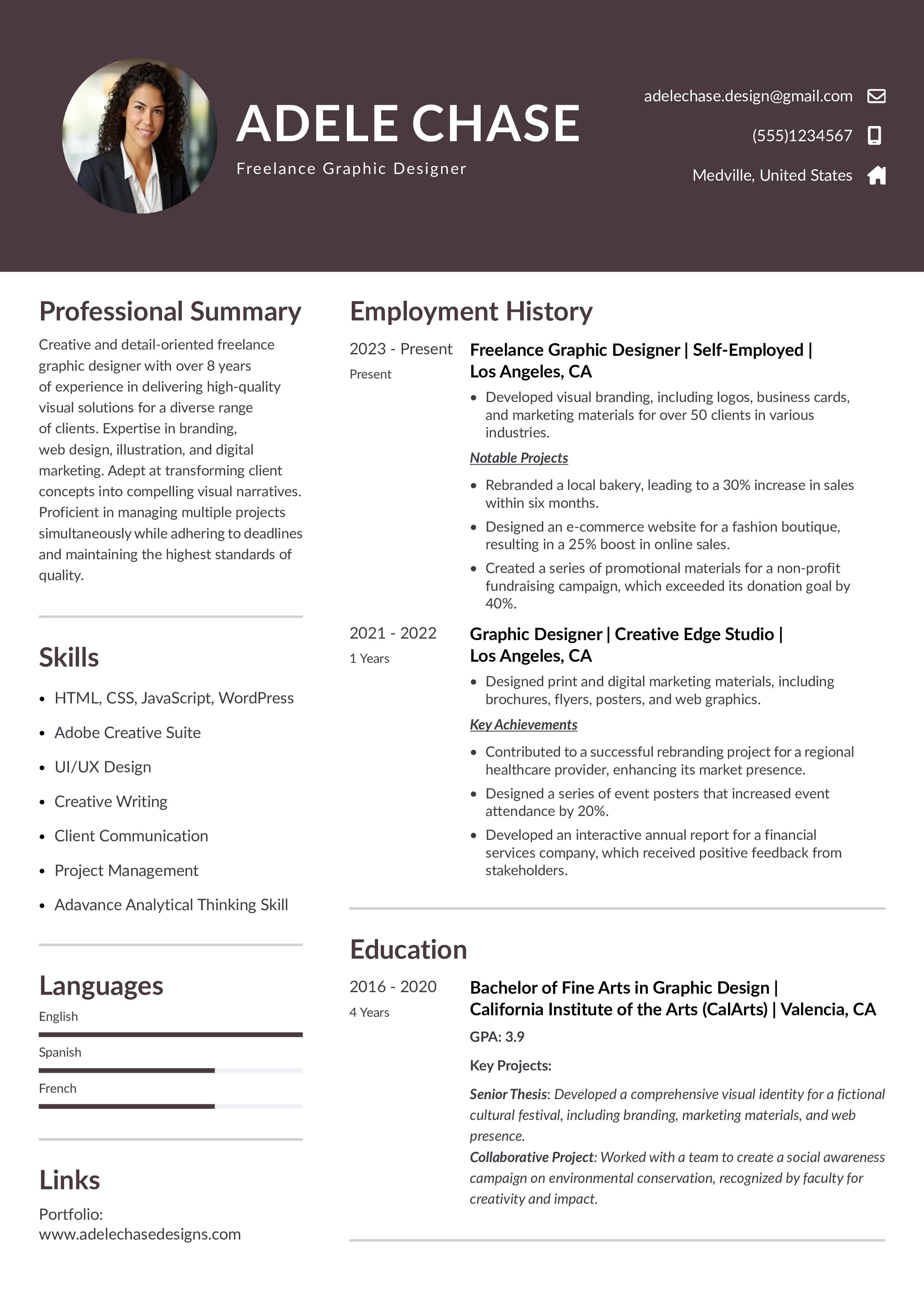 Resume Example of freelance designer from instaresume.io 