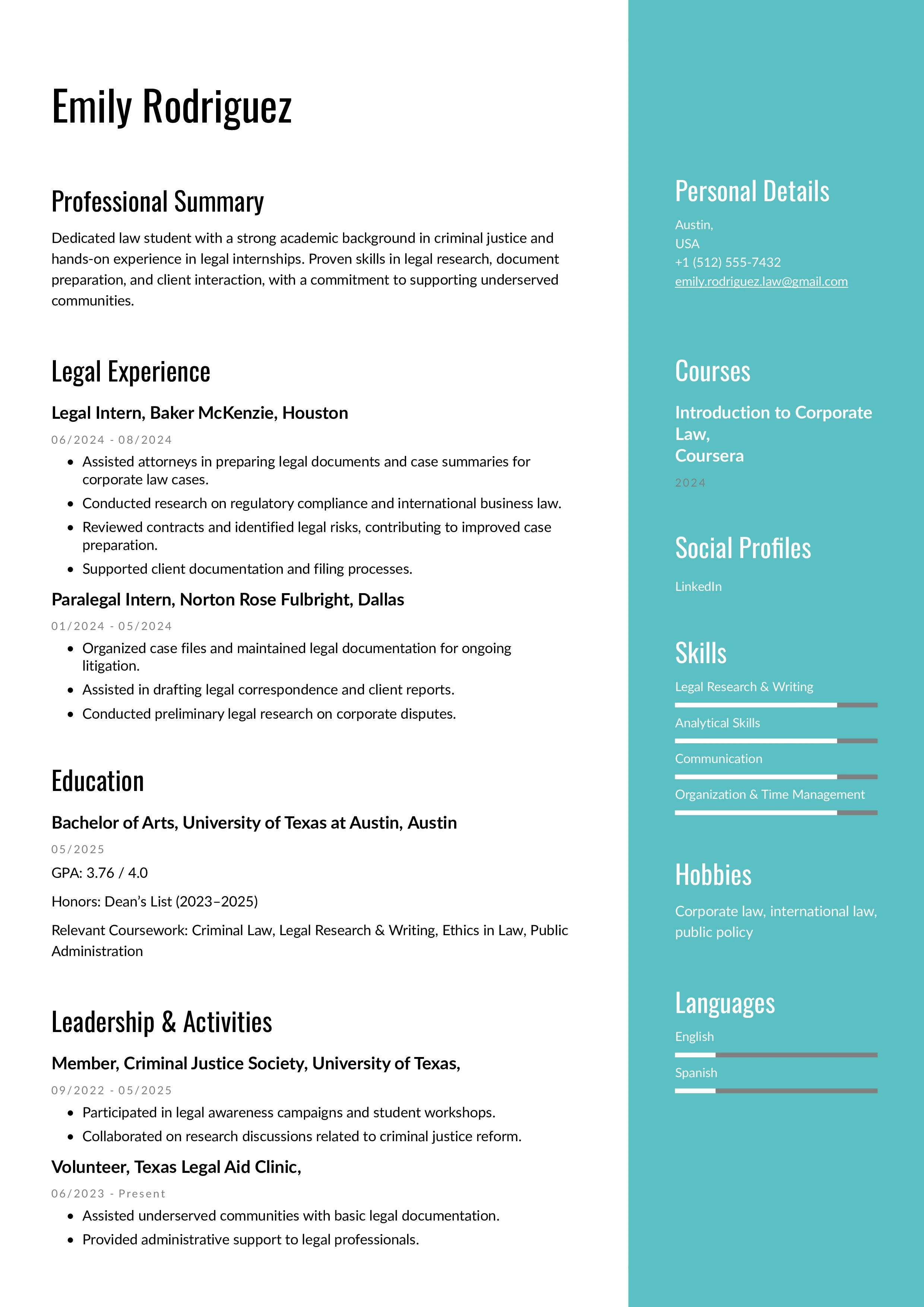 Law School Application Resume Sample for Fresh Graduates