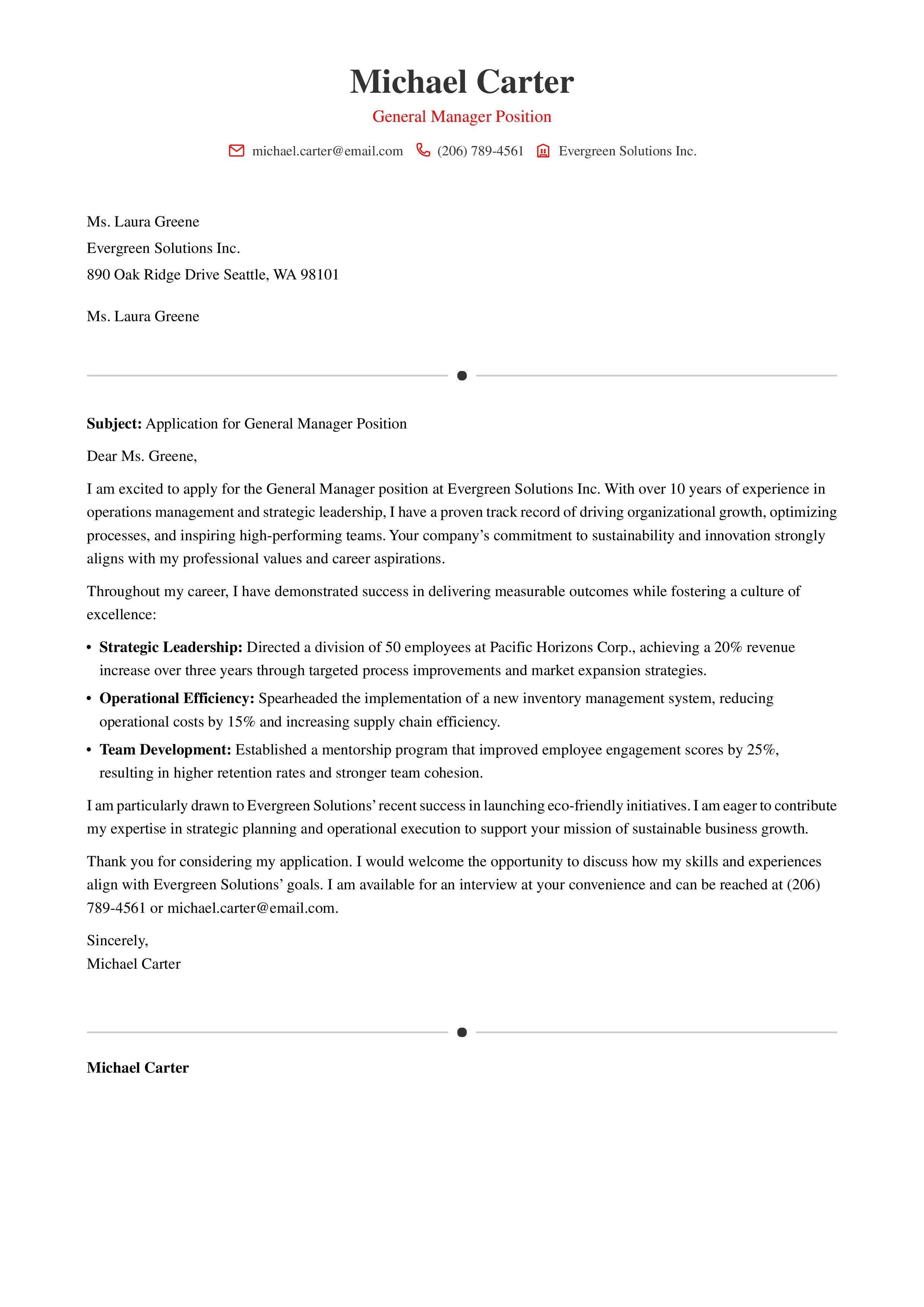 Management Cover Letter Example