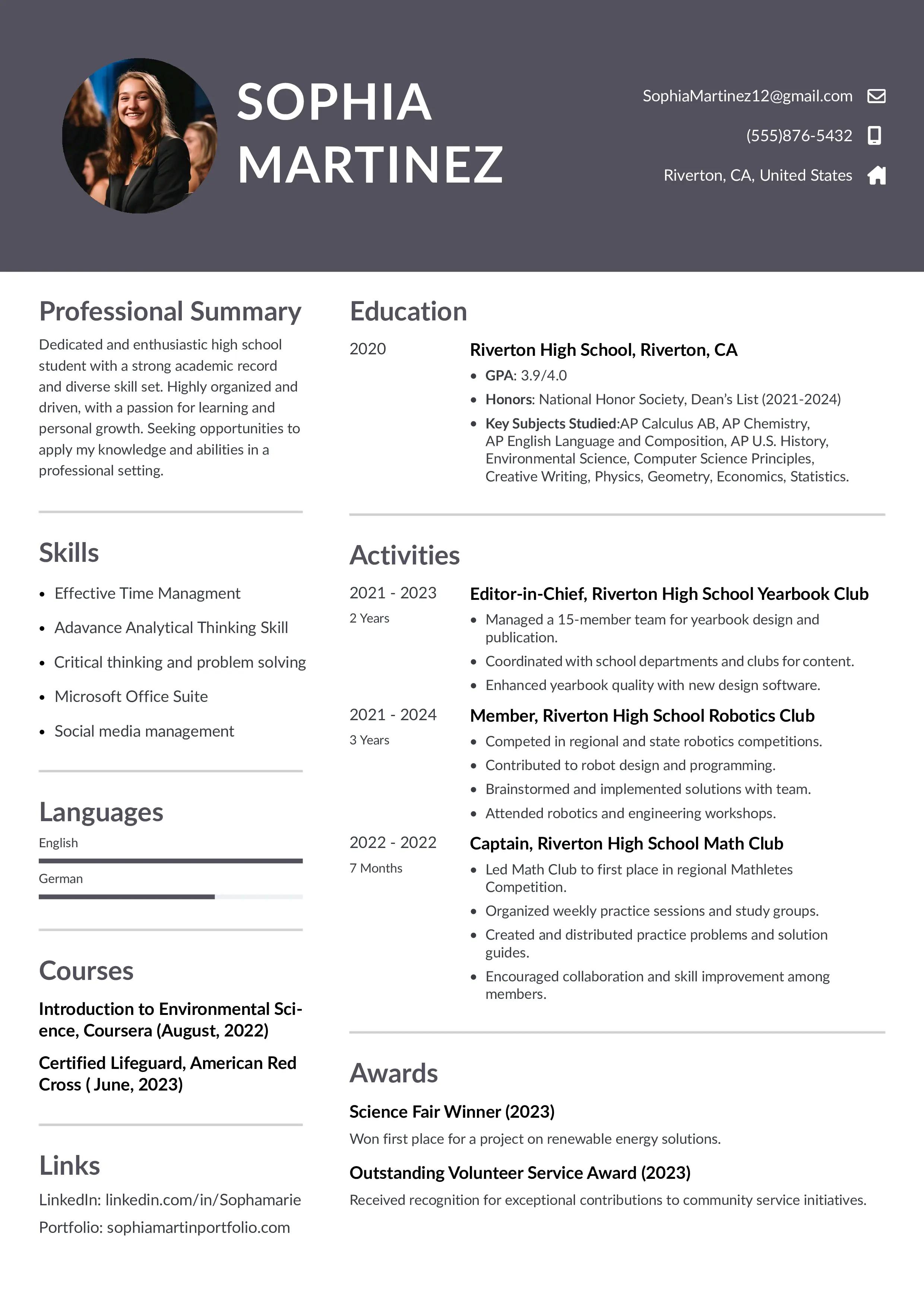 High school resume with zero work experience example made from the template of instaresume.io