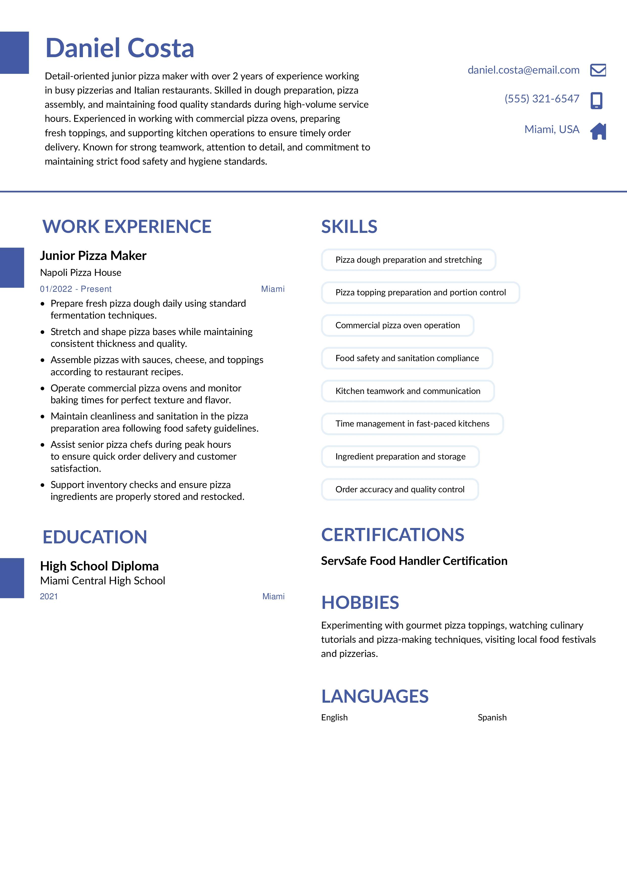 Junior Pizza Maker Resume