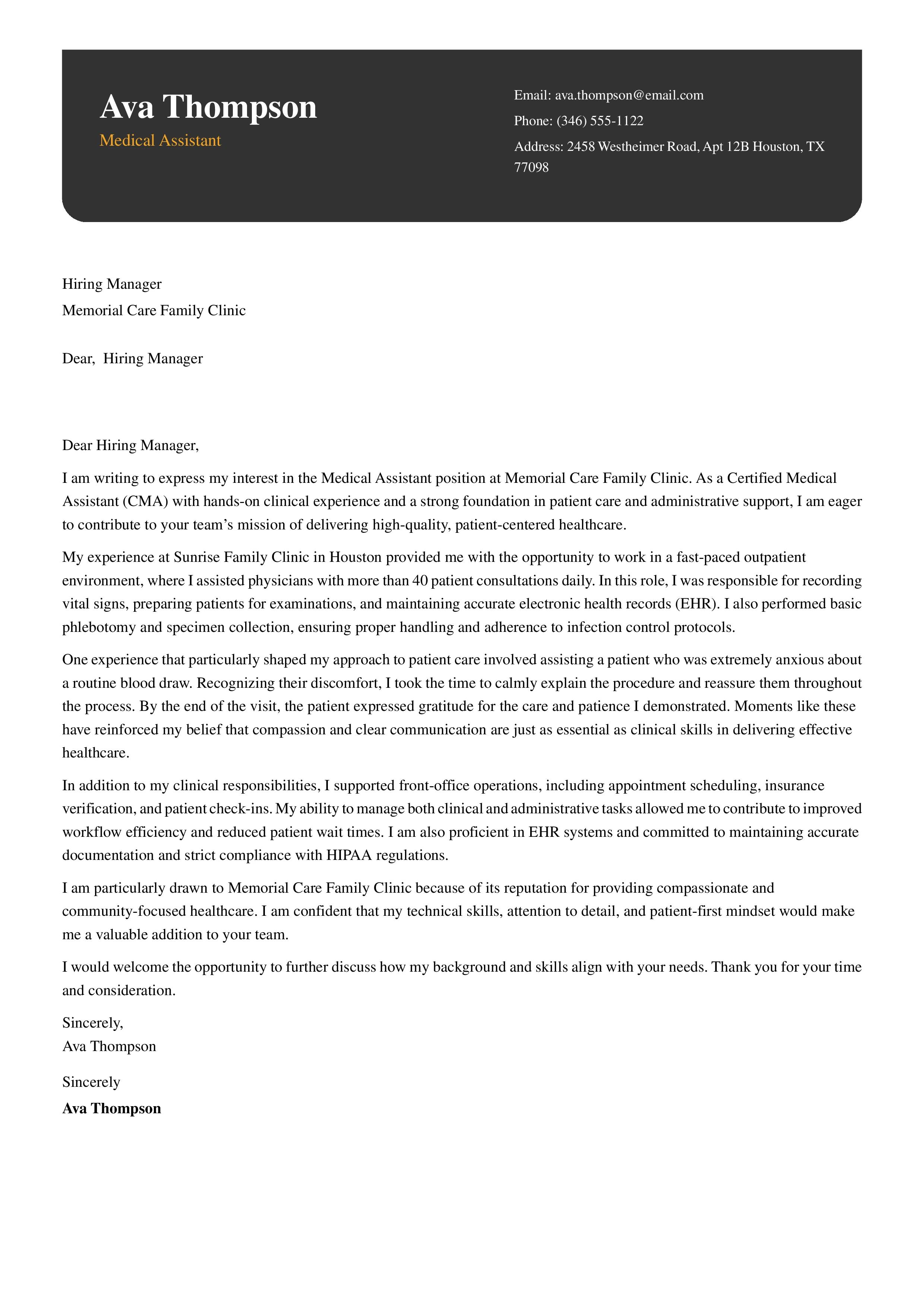 Medical Assistant Cover Letter