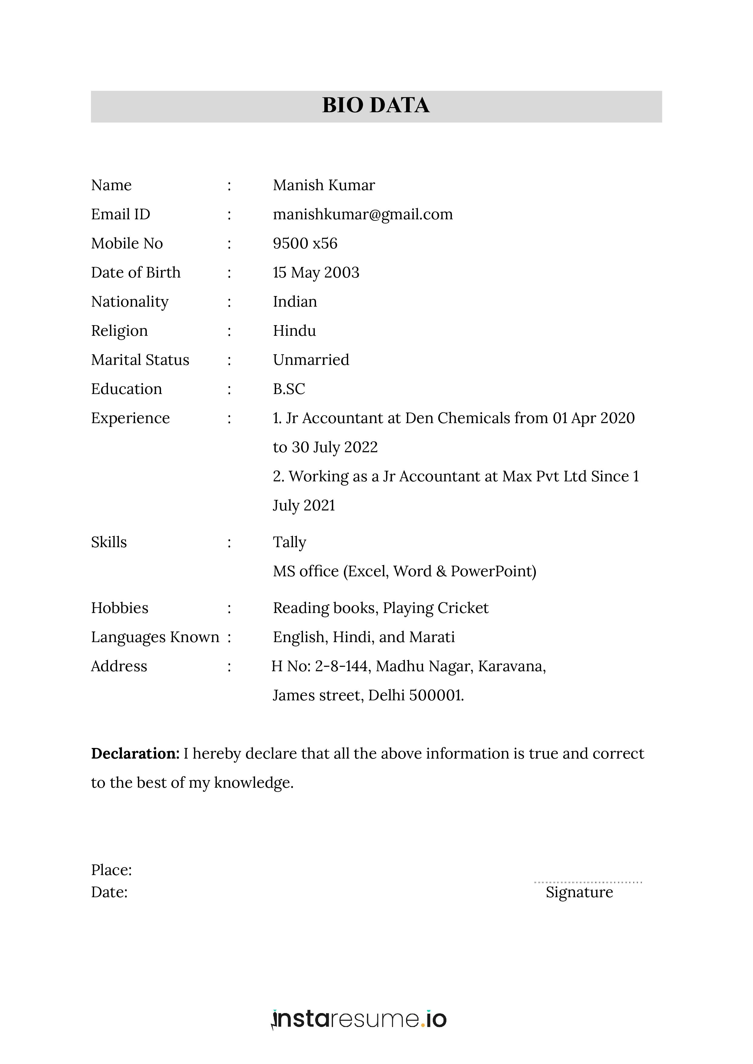 Biodata Format (15+ Samples of biodata for different contexts) (Free ...