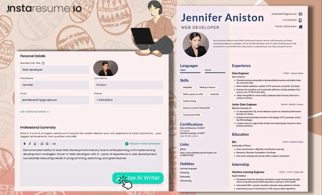 Writting resume summary by using instaresume.io's AI writer