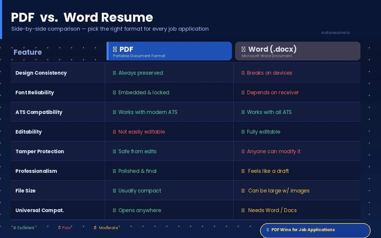Alt Text (Standard): Infographic comparing PDF vs. Word resume formats across 8 features including design consistency, font reliability, ATS compatibility, editability, tamper protection, professionalism, file size, and universal compatibility — PDF wins in 6 out of 8 categories, shown with green checkmarks, red crosses, and amber warning icons on a dark navy background.