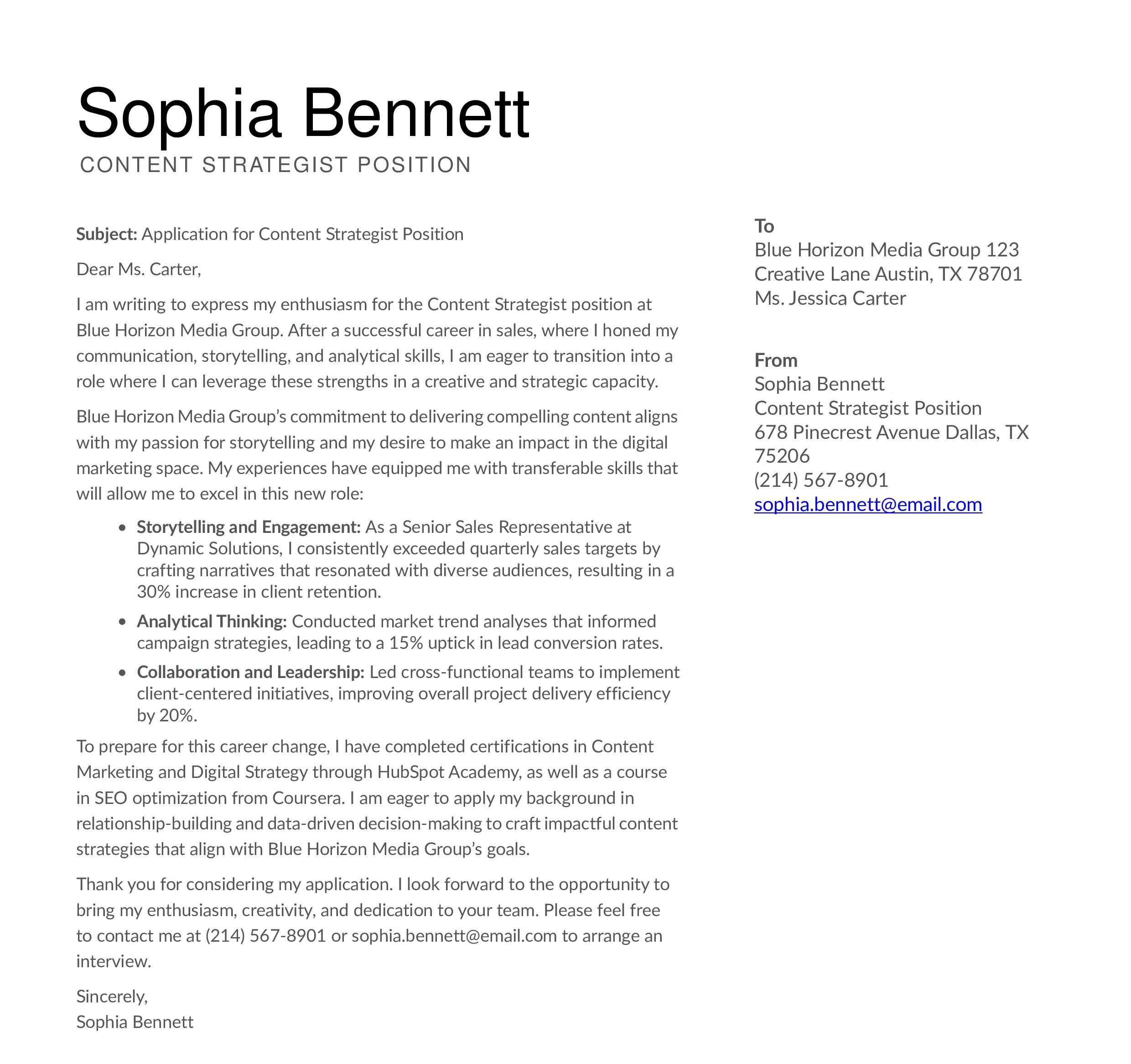 Career Change Cover Letter Example