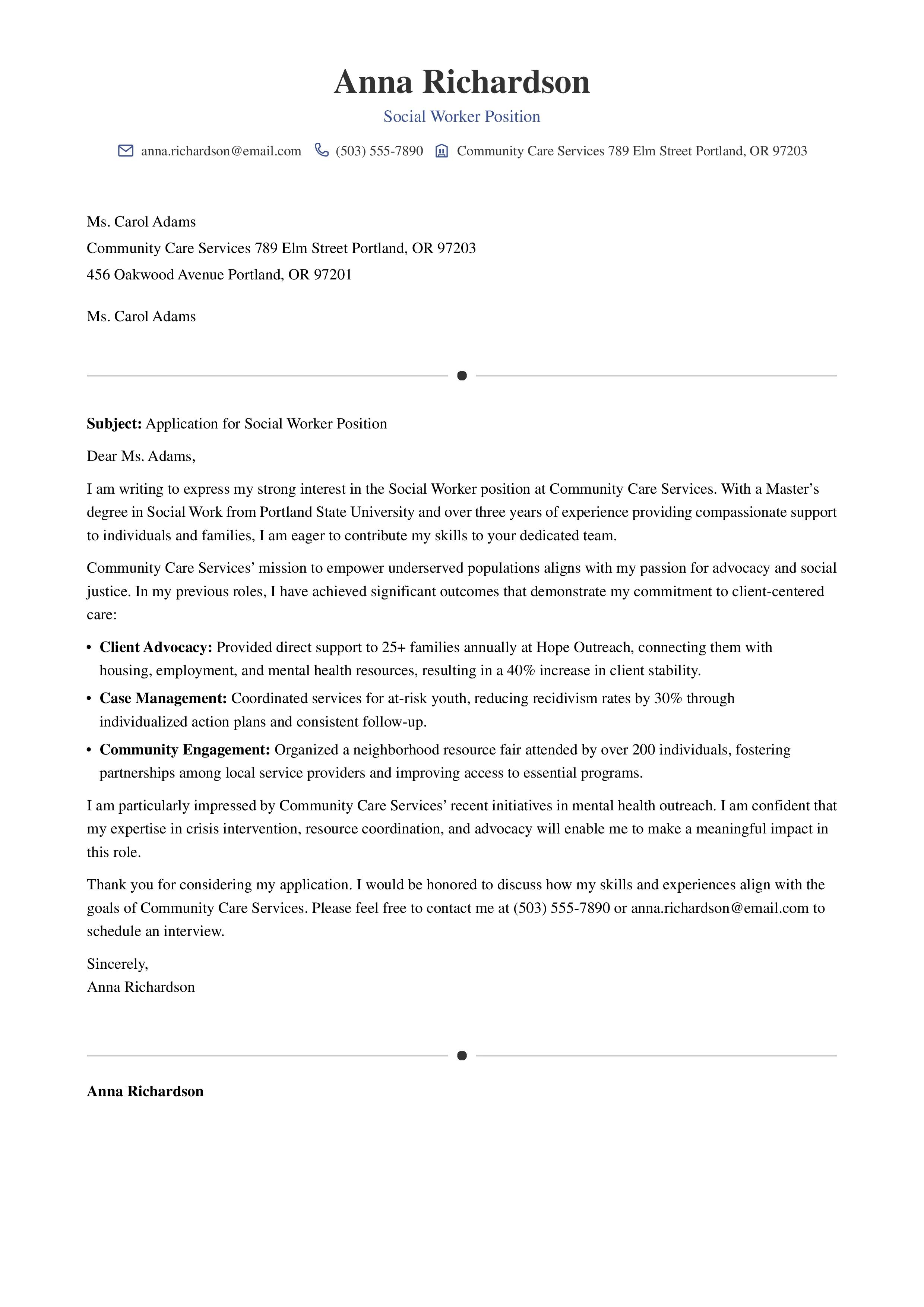 Social Worker Cover Letter