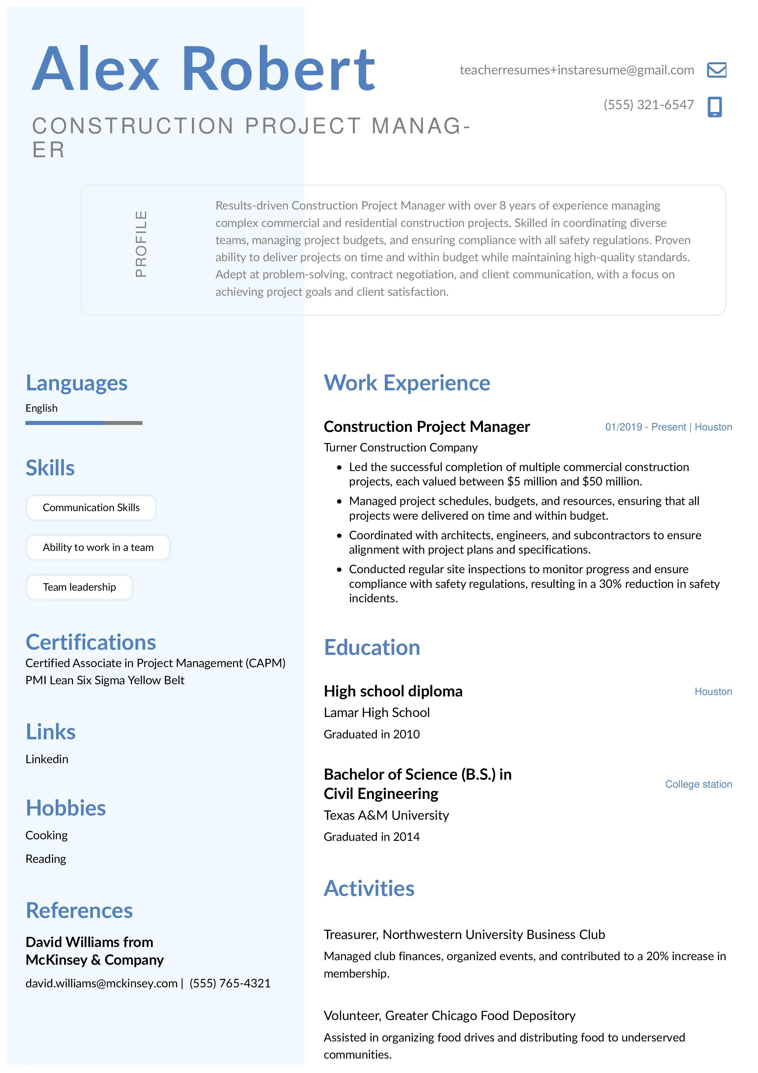 Construction project manager resume