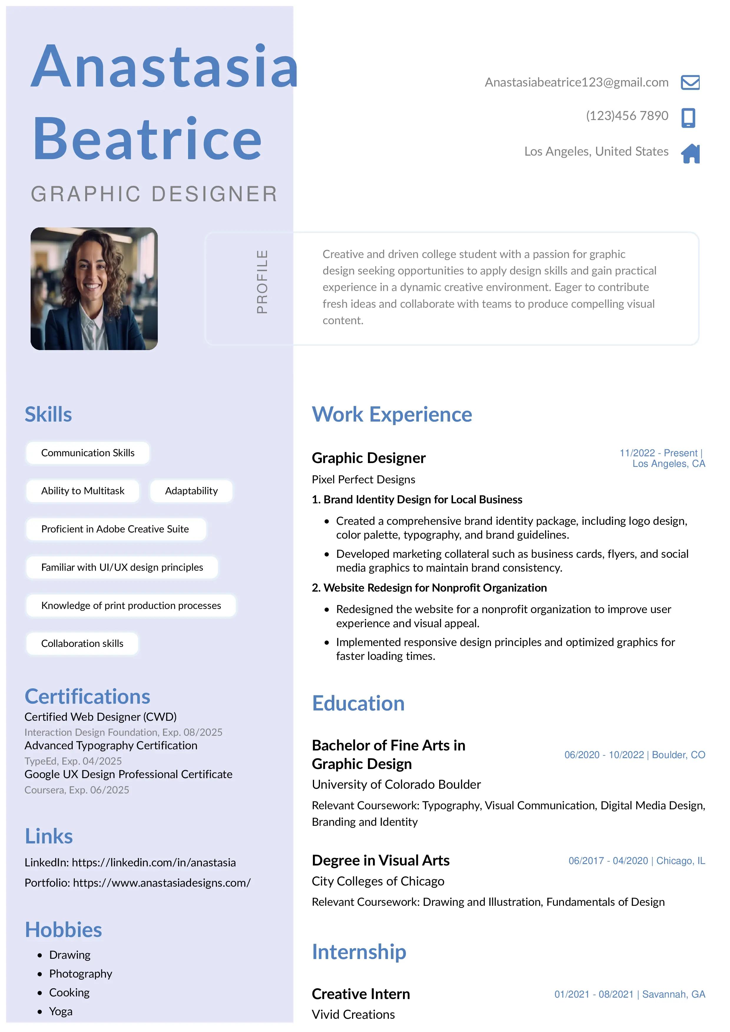 Graphic designer resume example for college student from instaresume.io