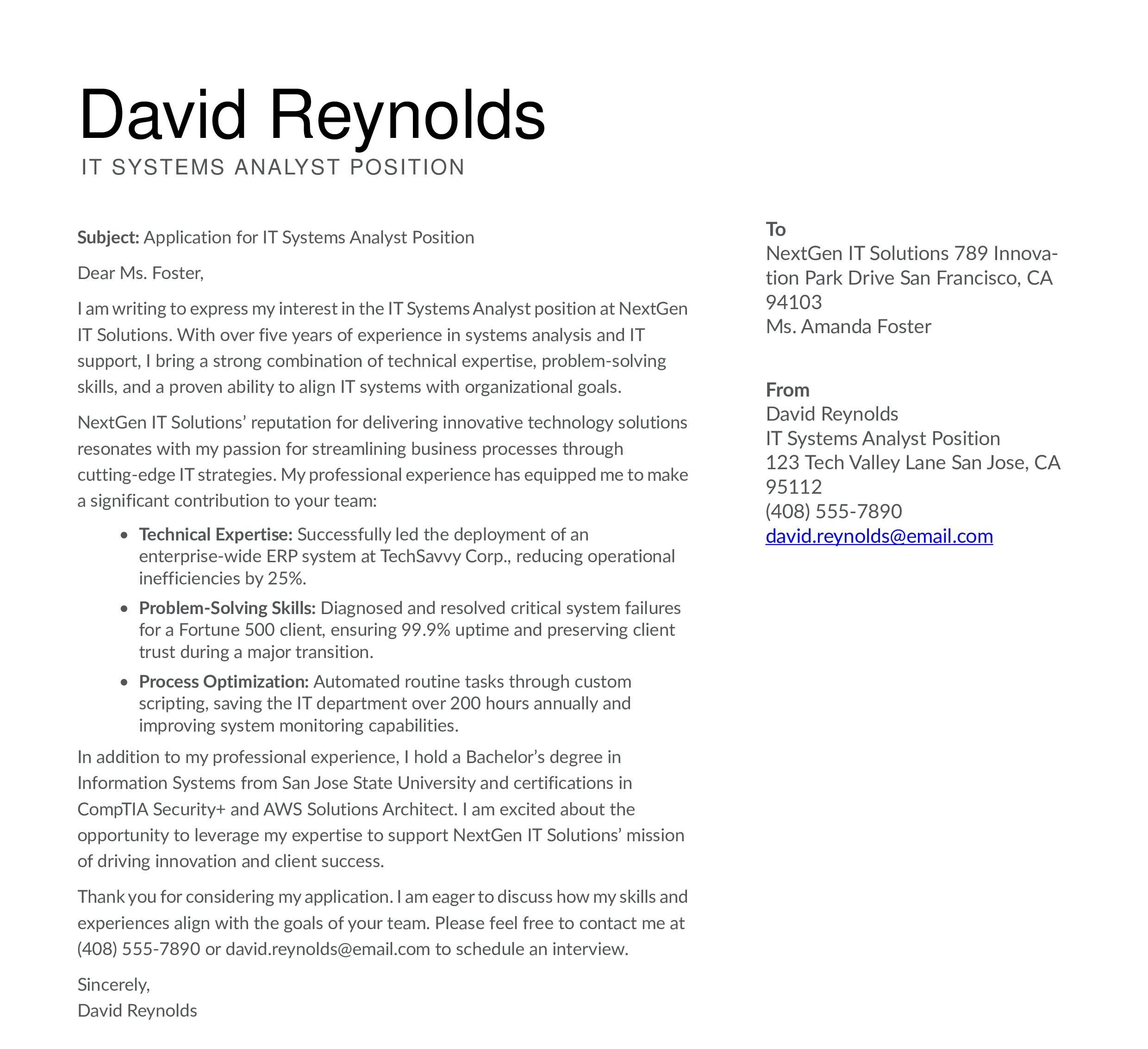 IT Cover Letter Example