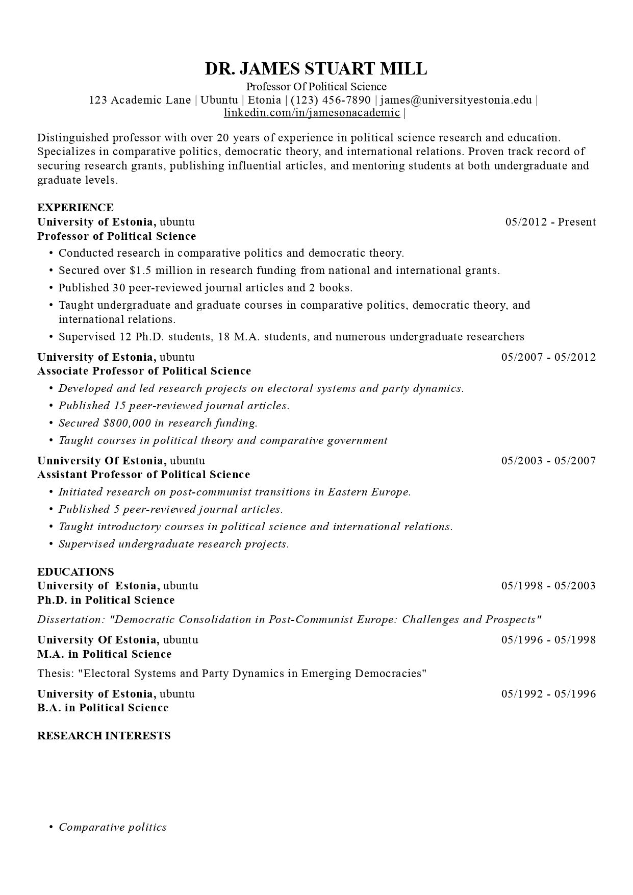 an example of an academic CV with this template from instaresume.io