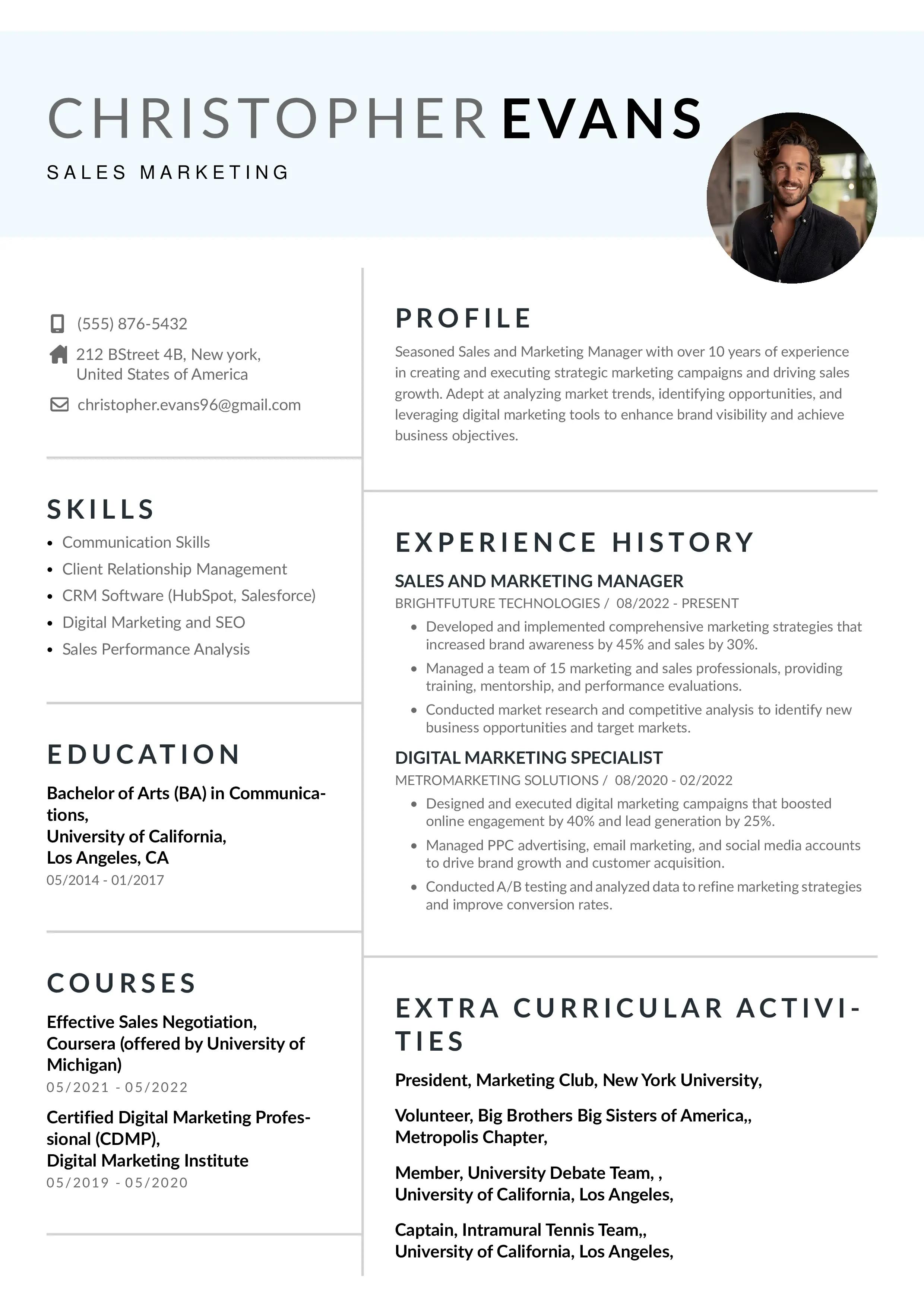 Sales marketing resume example from instaresume.io