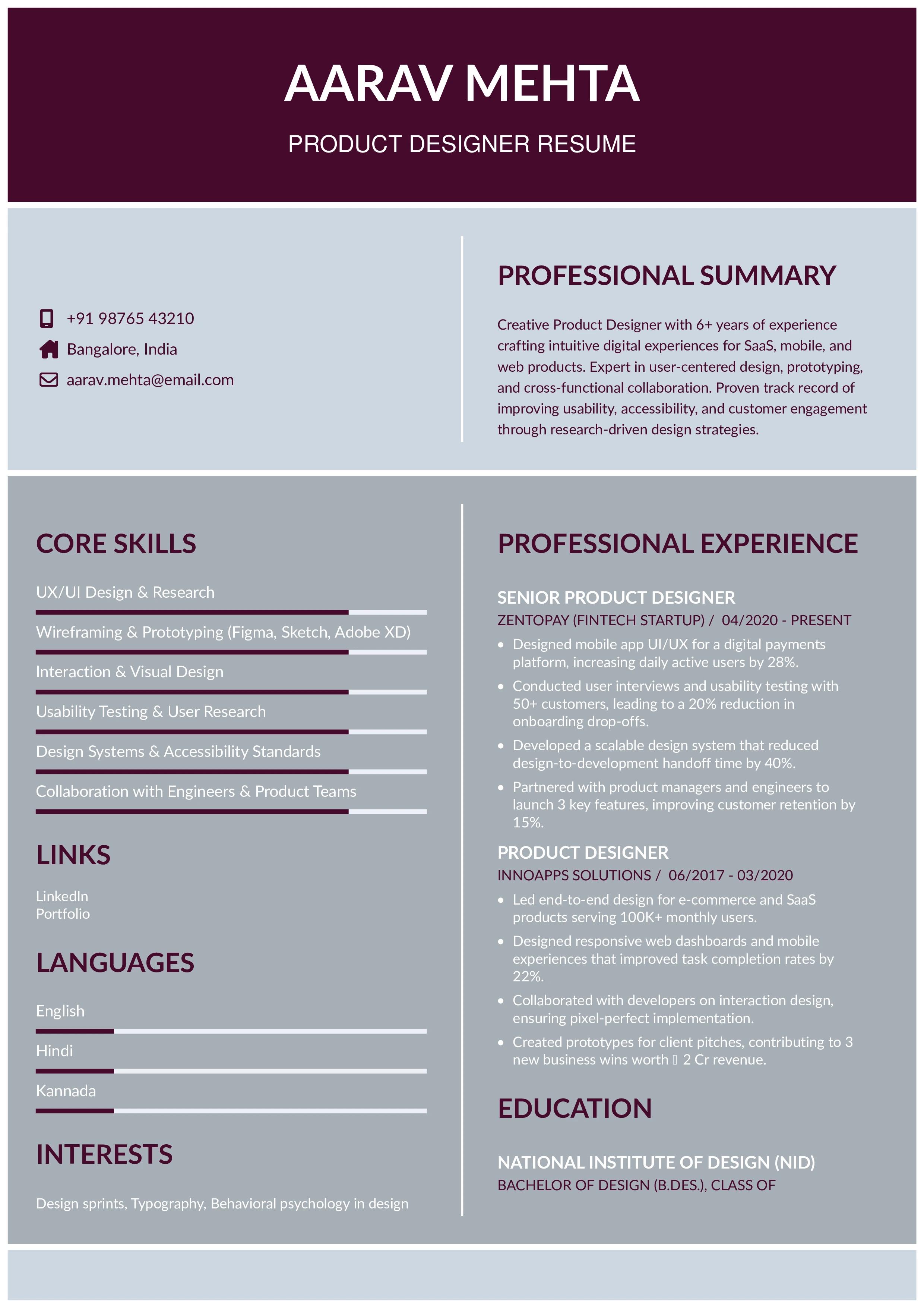  Product Designer Resume