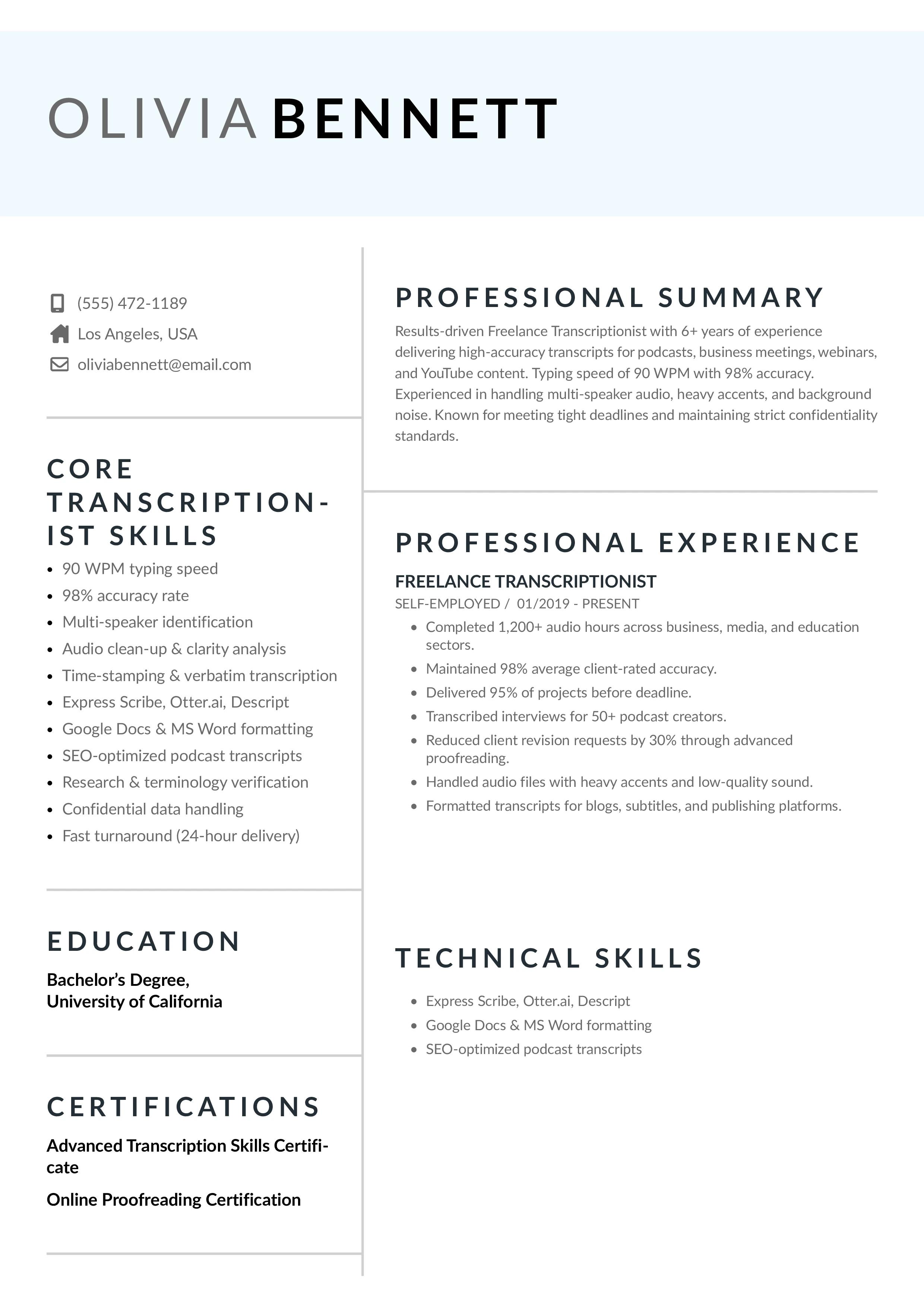 Freelance Transcriptionist Resume