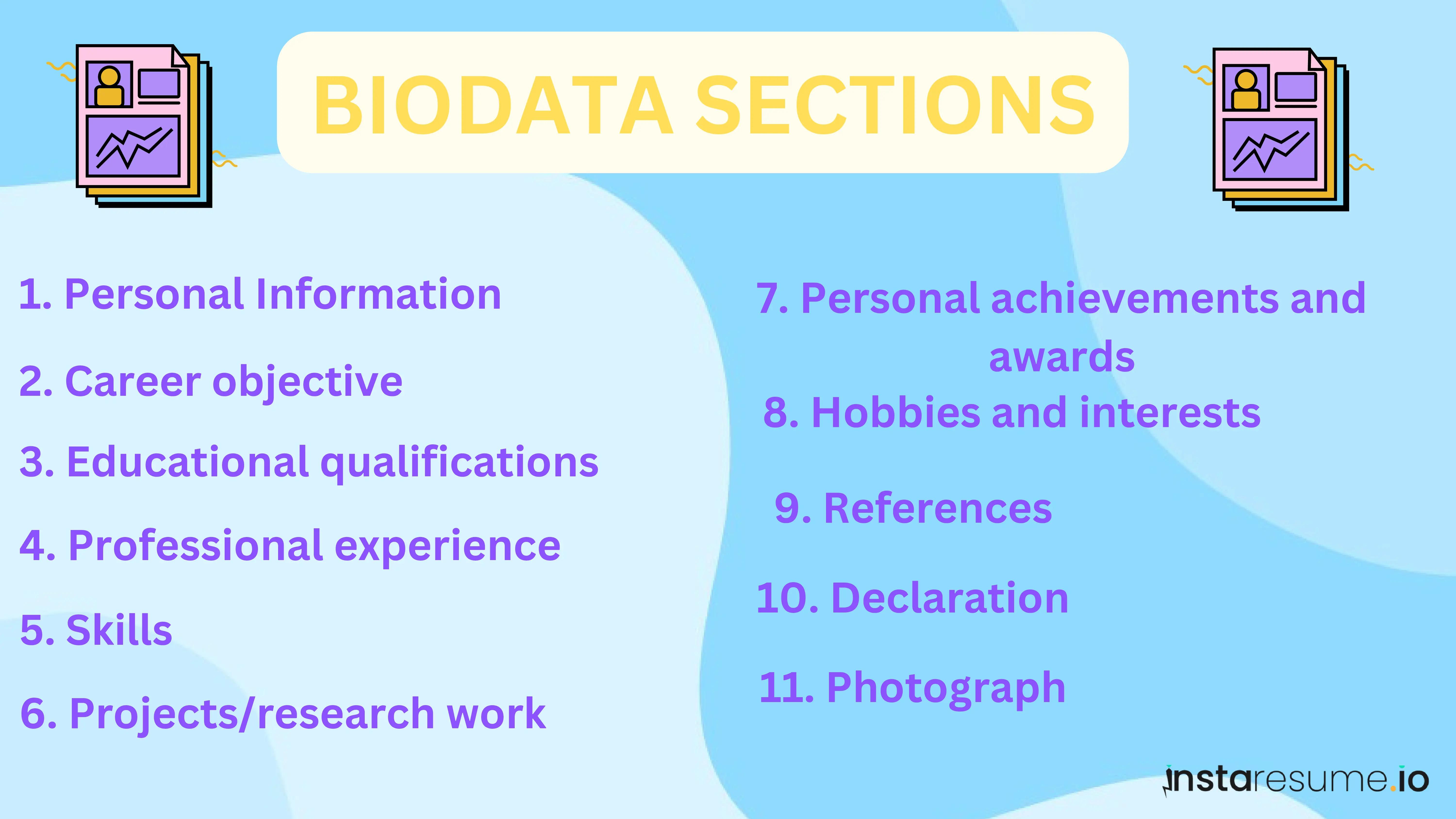 Sections to be included in the biodata