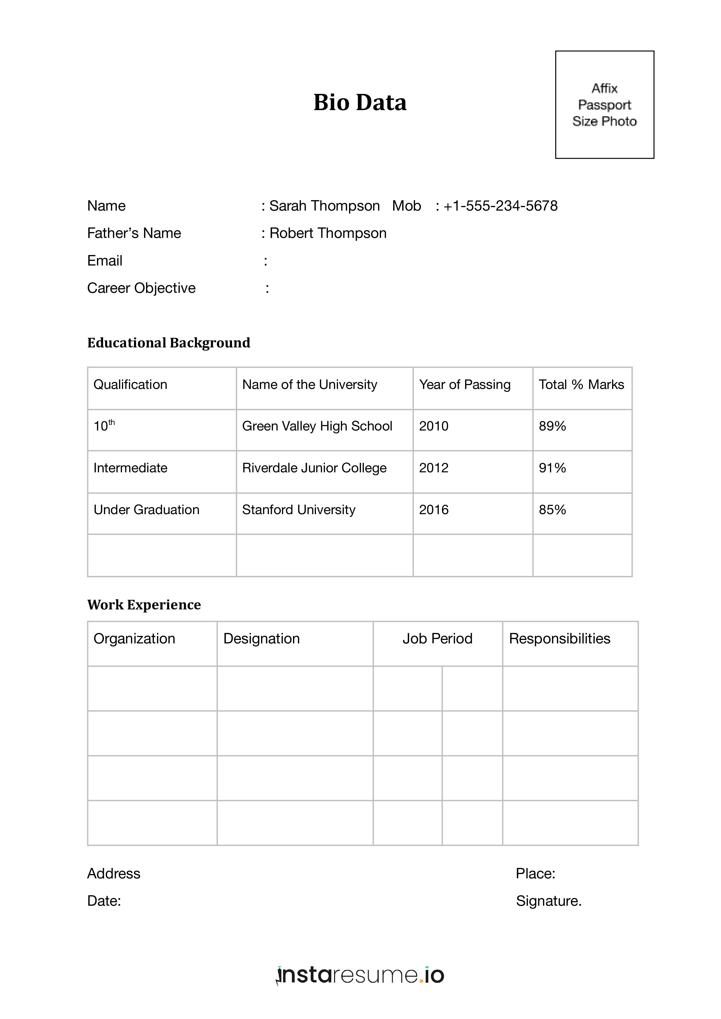 Biodata format for students