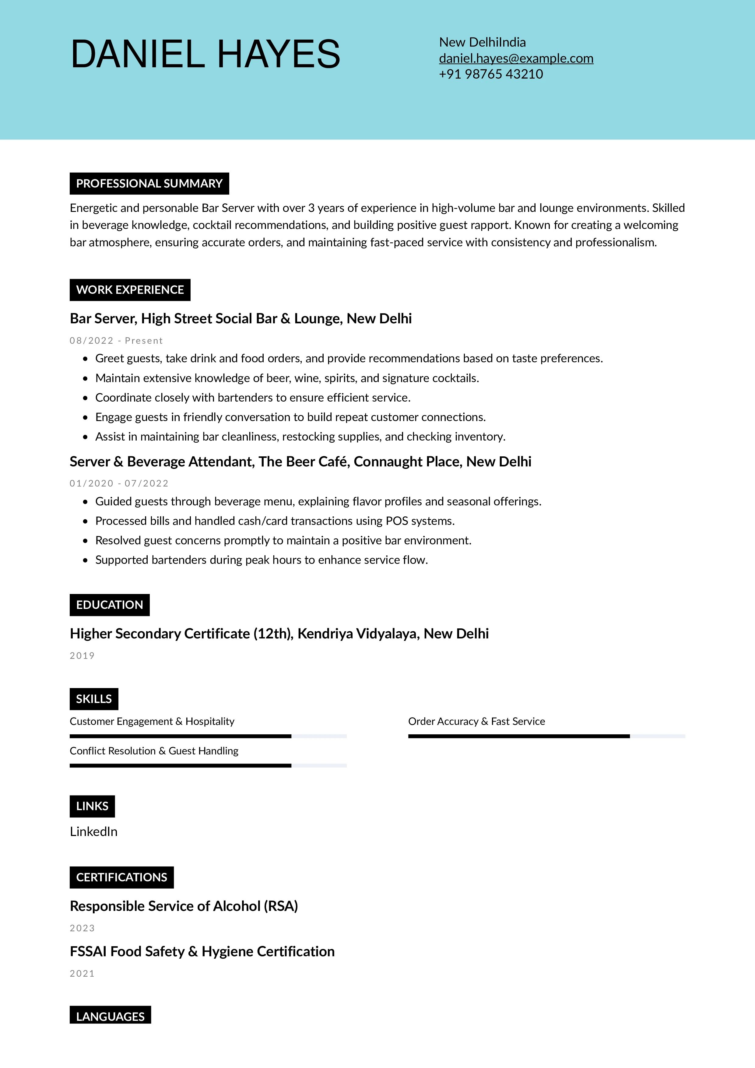 Bar Server Resume Example