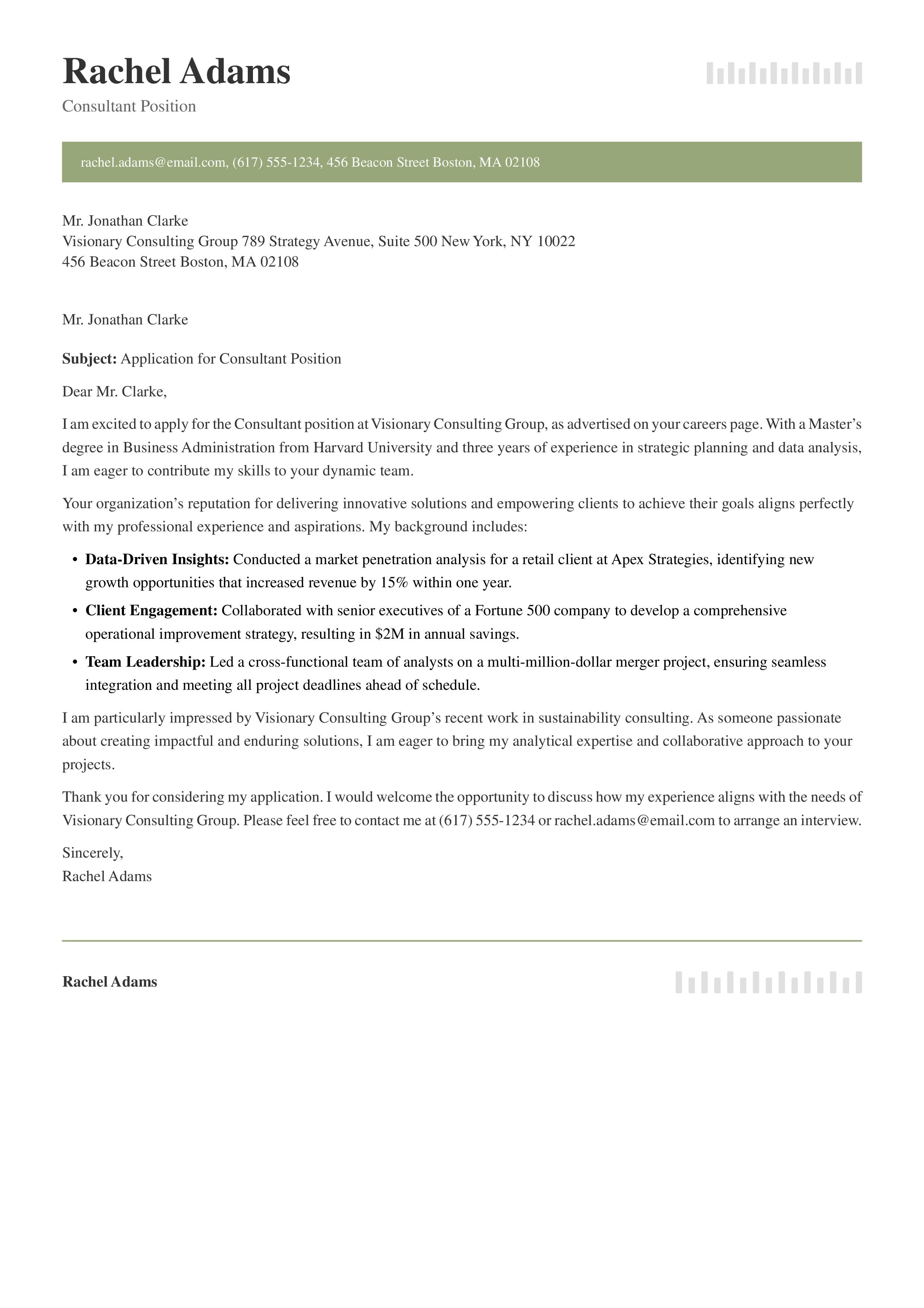 Consultant Cover Letter Example