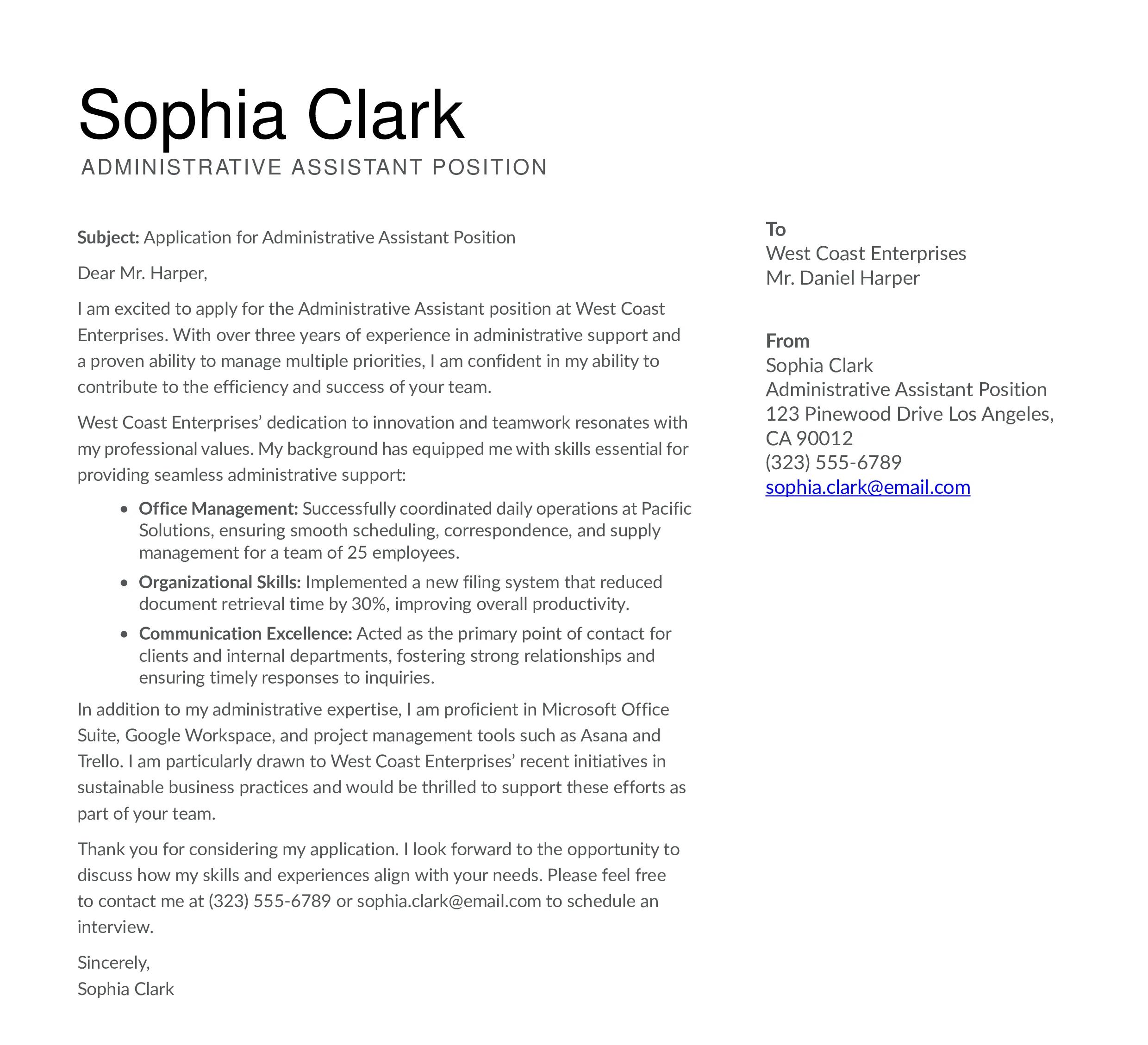 Administrative Assistant Cover Letter