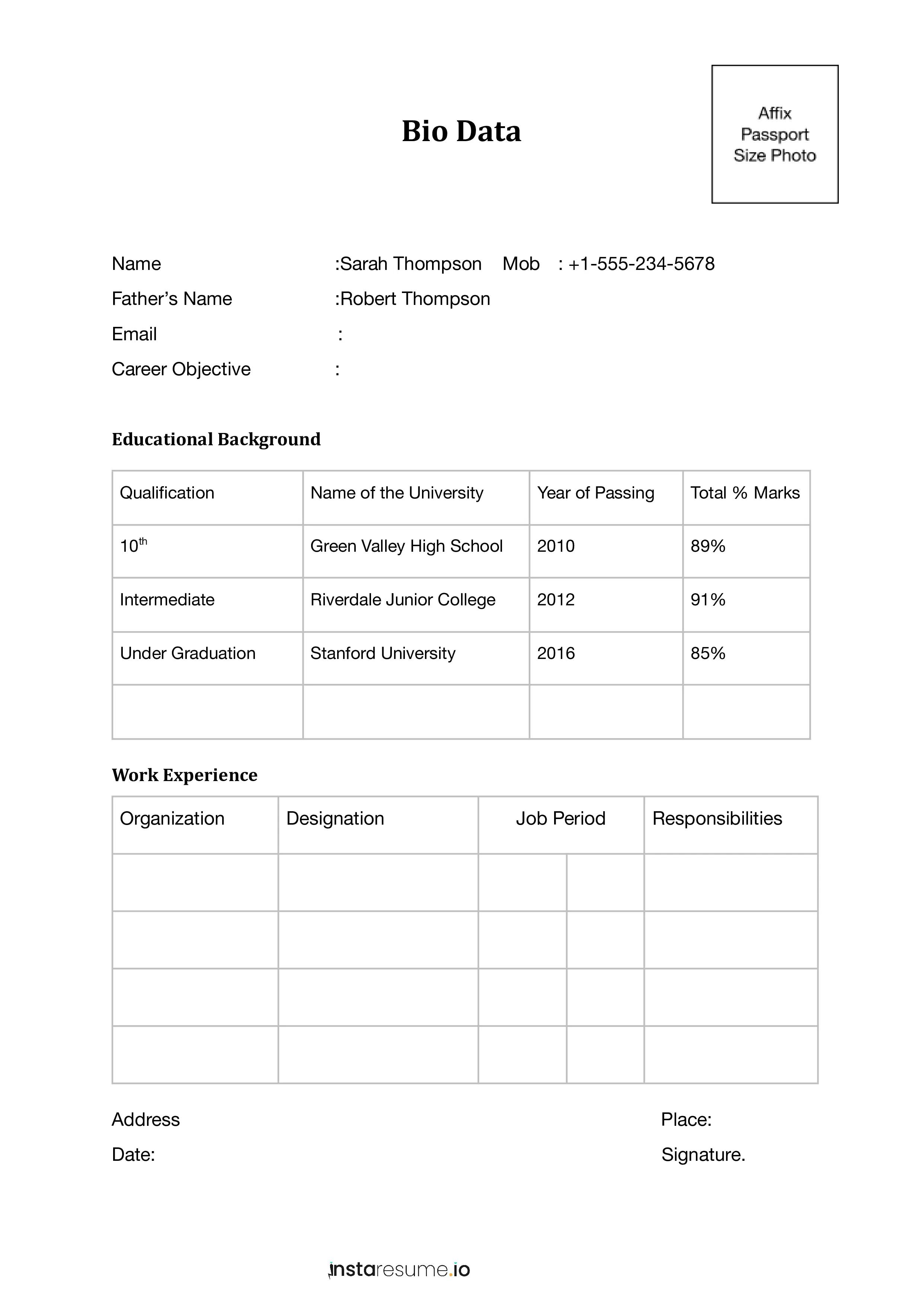 bio data format for a stanford graduate