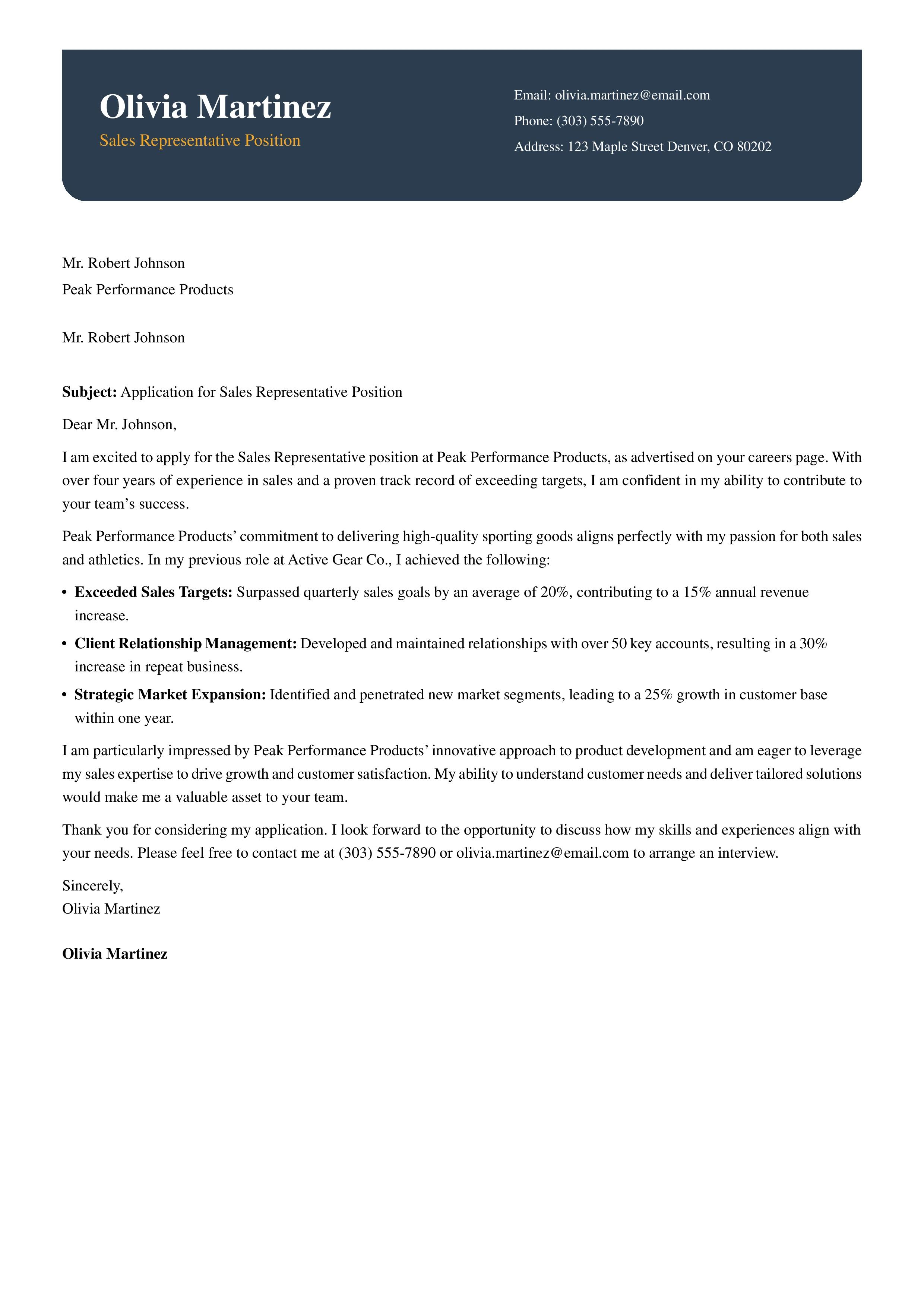 Sales Cover Letter Example