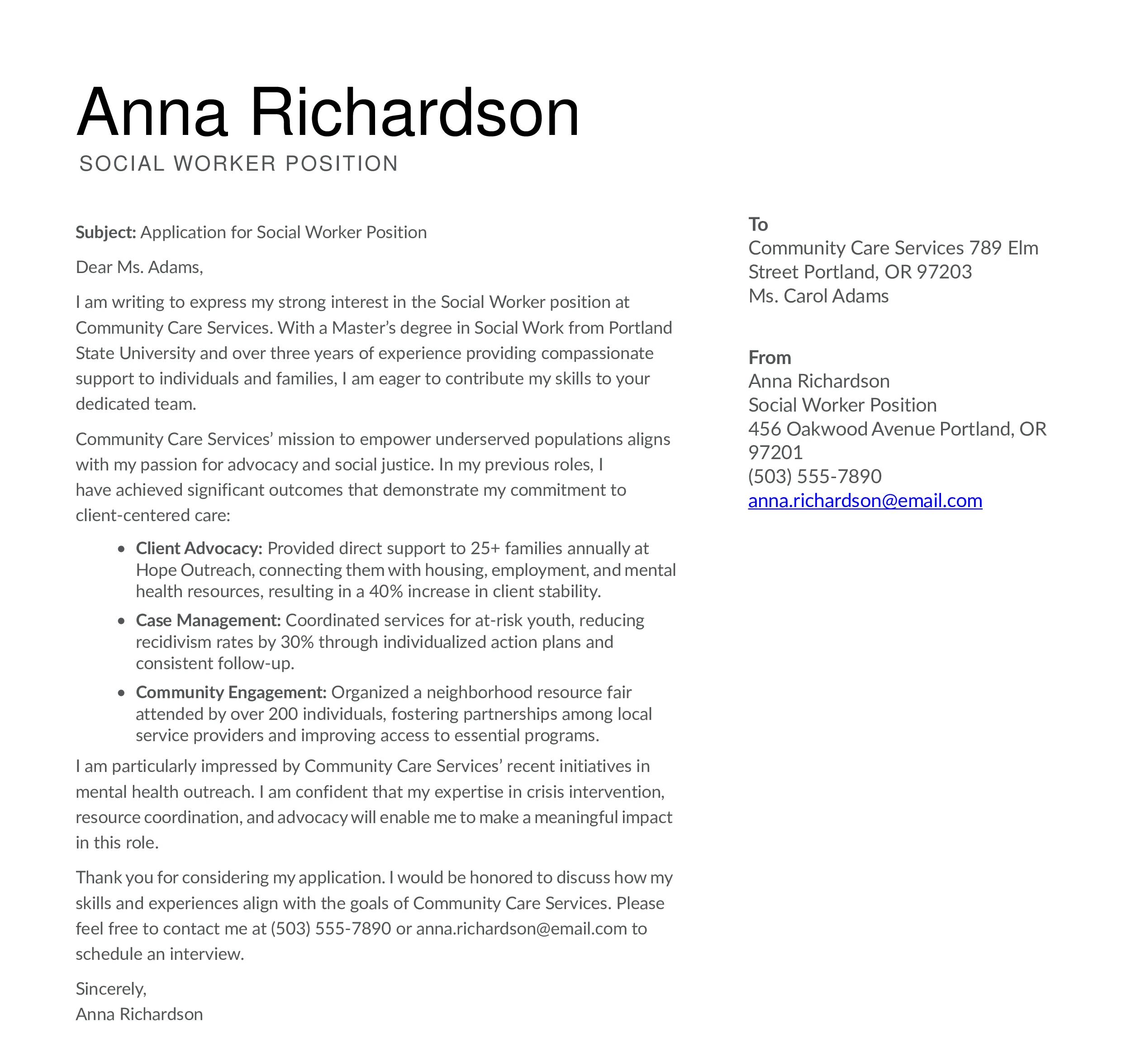 Social Worker Cover Letter