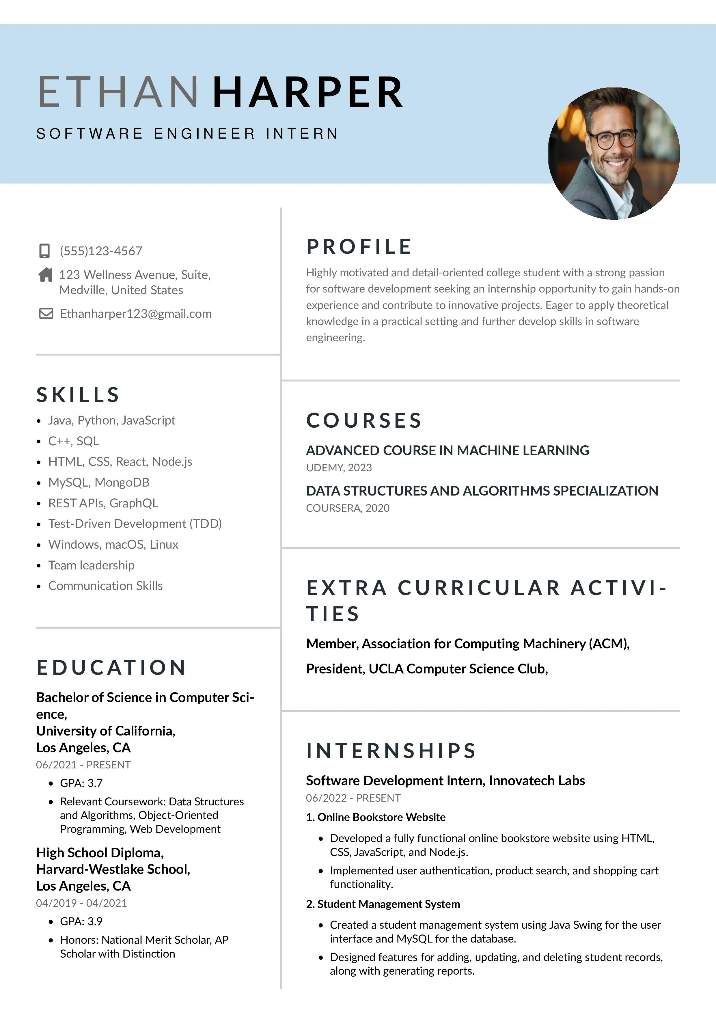 Example of Software development intern engineer of college student from instaresume