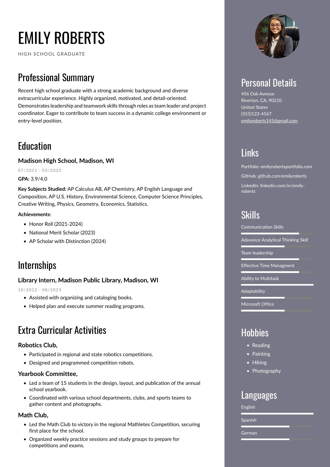 High school graduate resume example template made from instaresume.io 