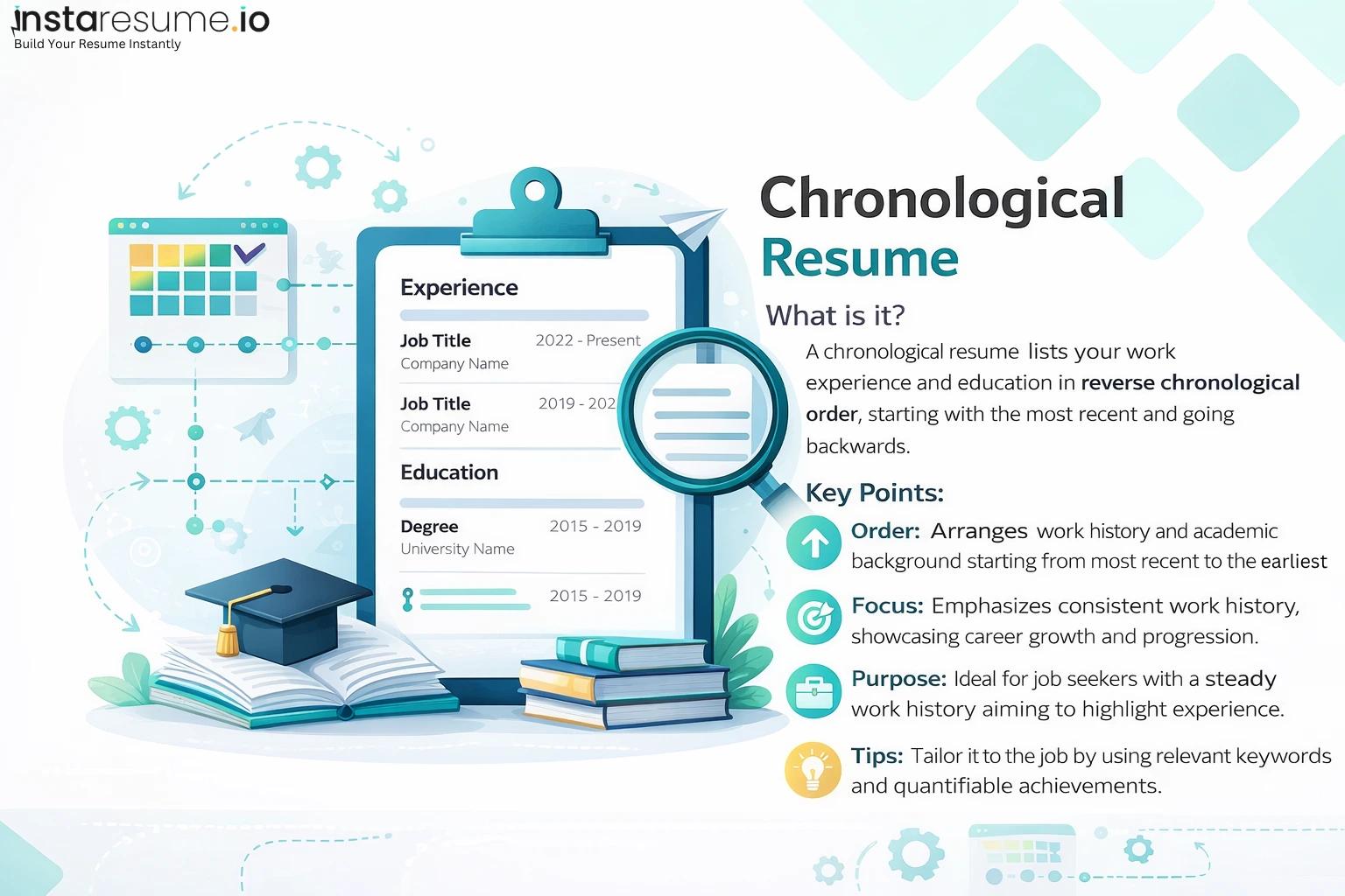 Infographic of a chronological resume format showing a sample resume with experience and education sections in reverse chronological order, alongside key points explaining structure, purpose, and tips for job seekers, designed with interactive icons and a modern layout.