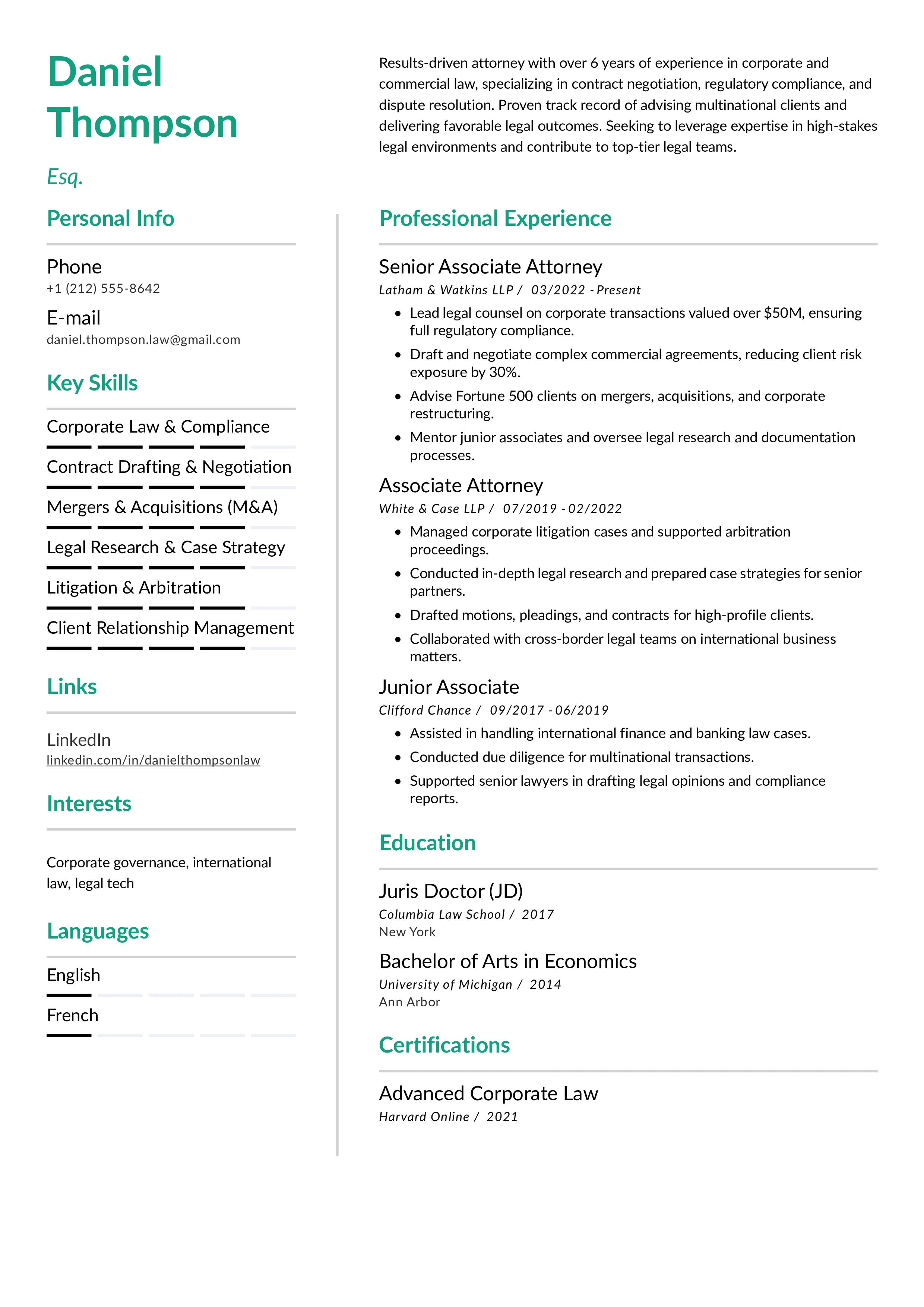 Professional Lawyer Resume Sample with Work Experience