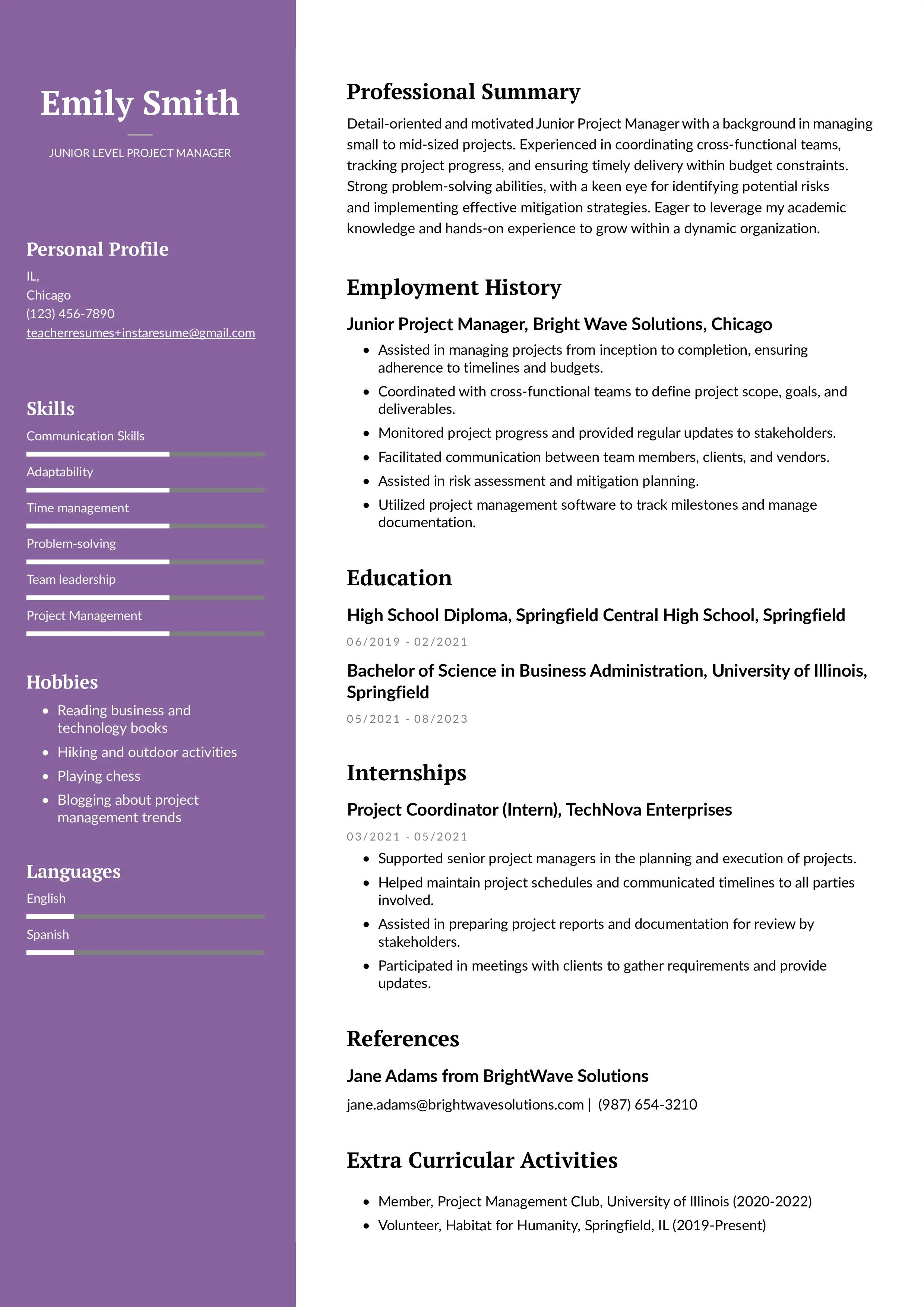 Junior level project manager resume