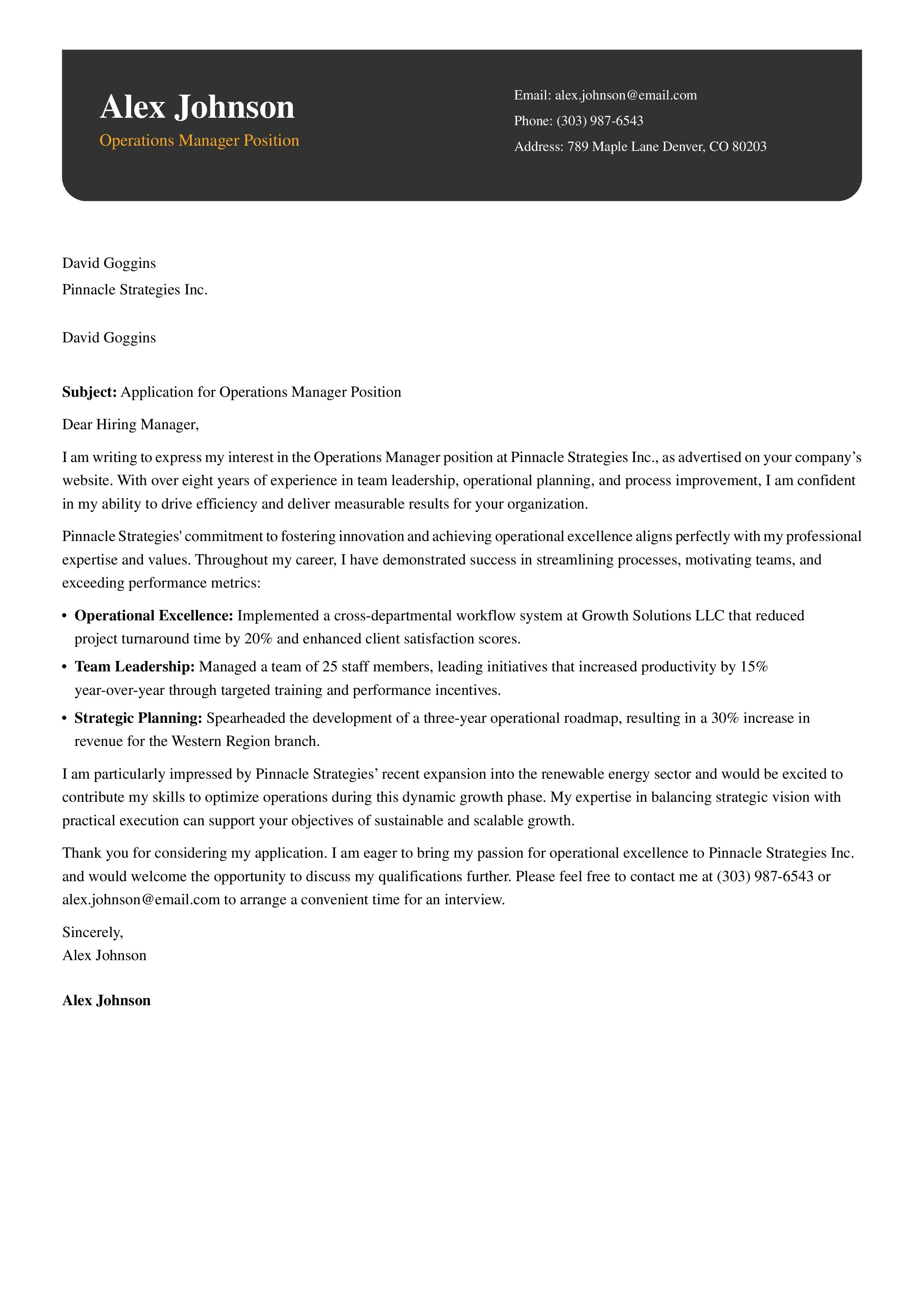 Middle Management Cover Letter Example