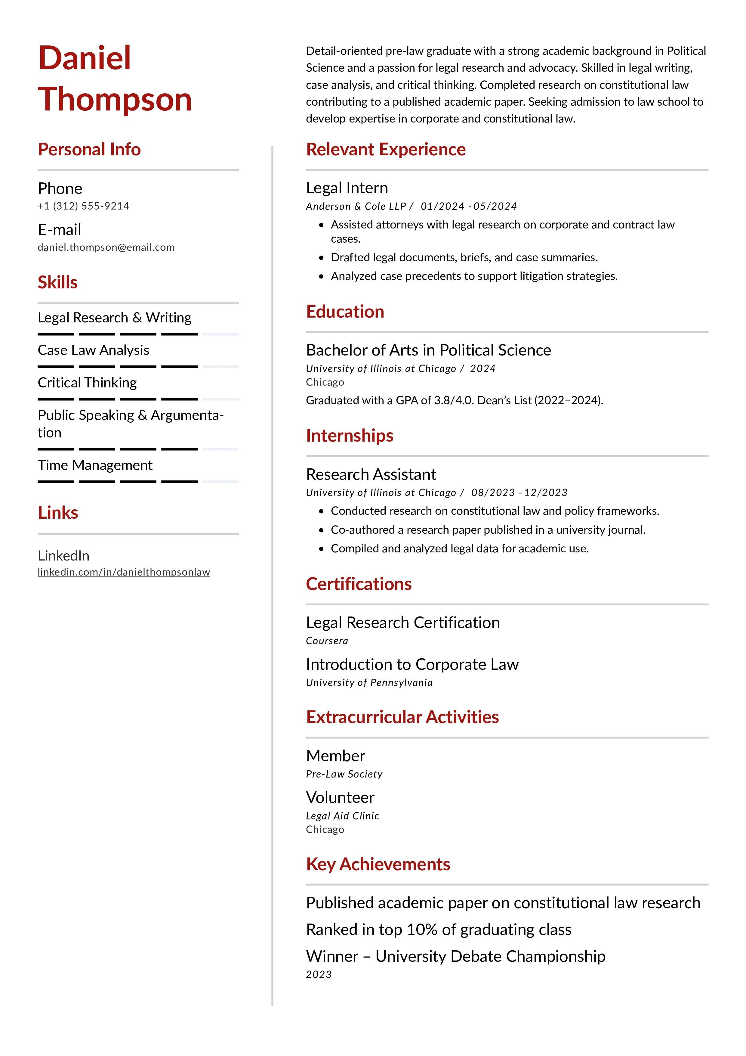 Law School Resume with focus on Personal Statement 