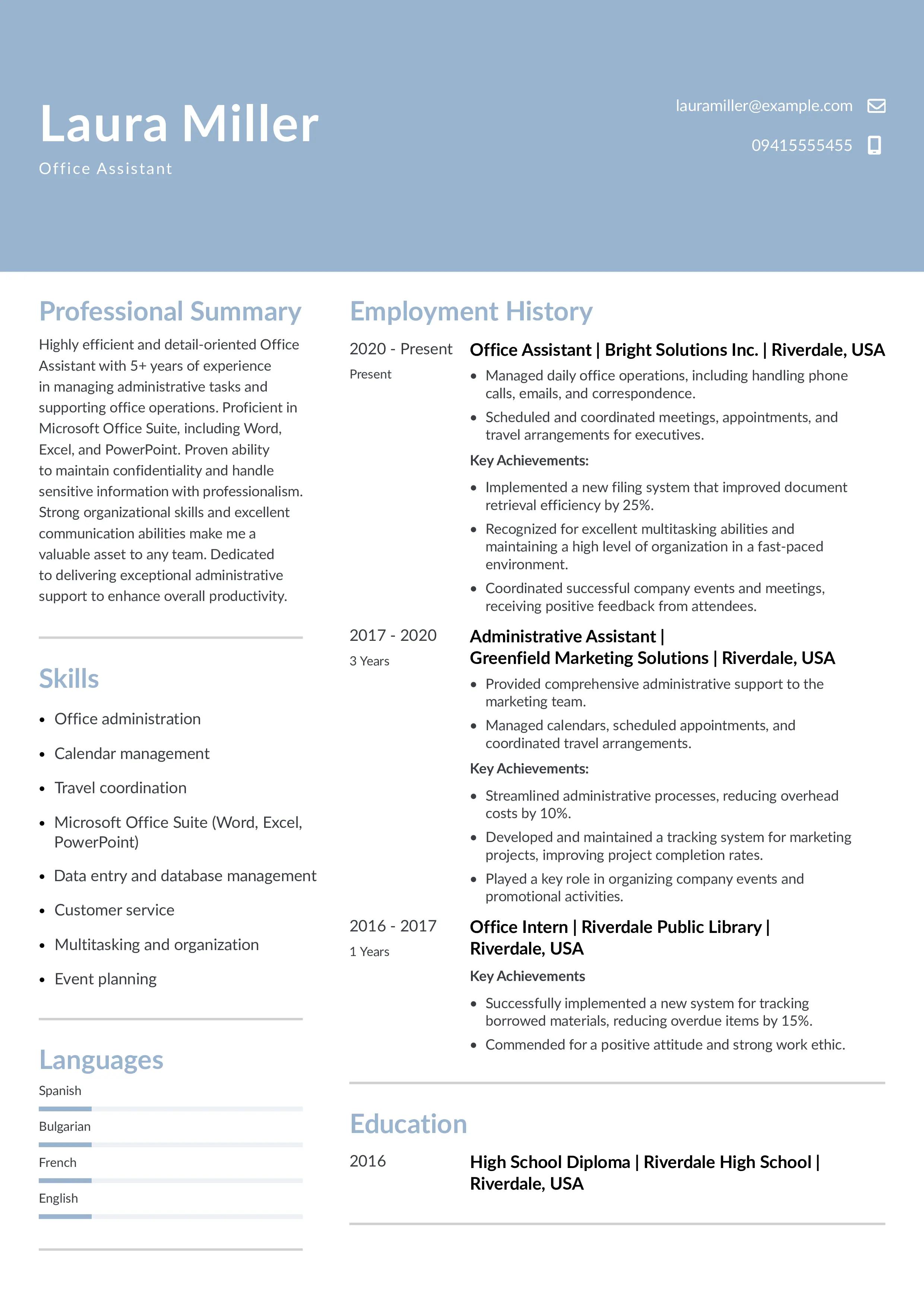 Office assistant resume example made from instaresume.io