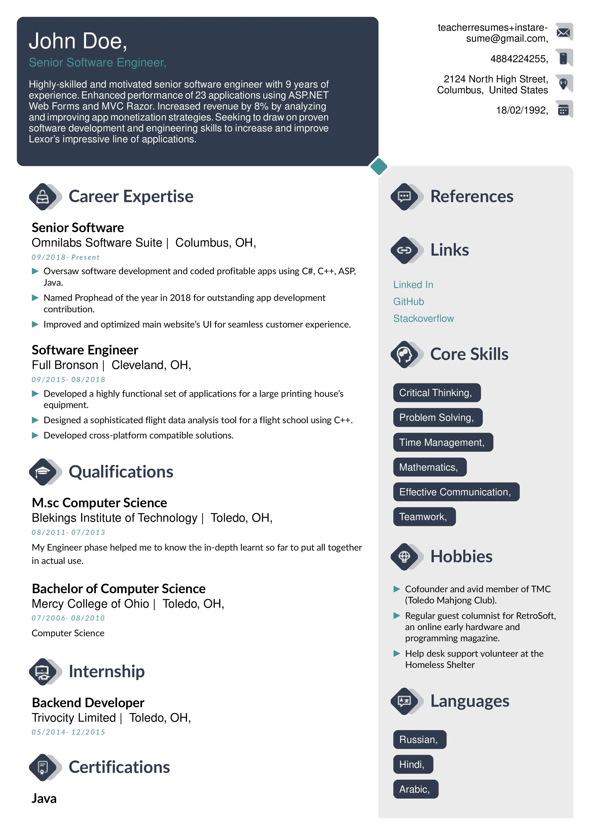 Page 1 for Experienced CV example for Sr. Software Engineer