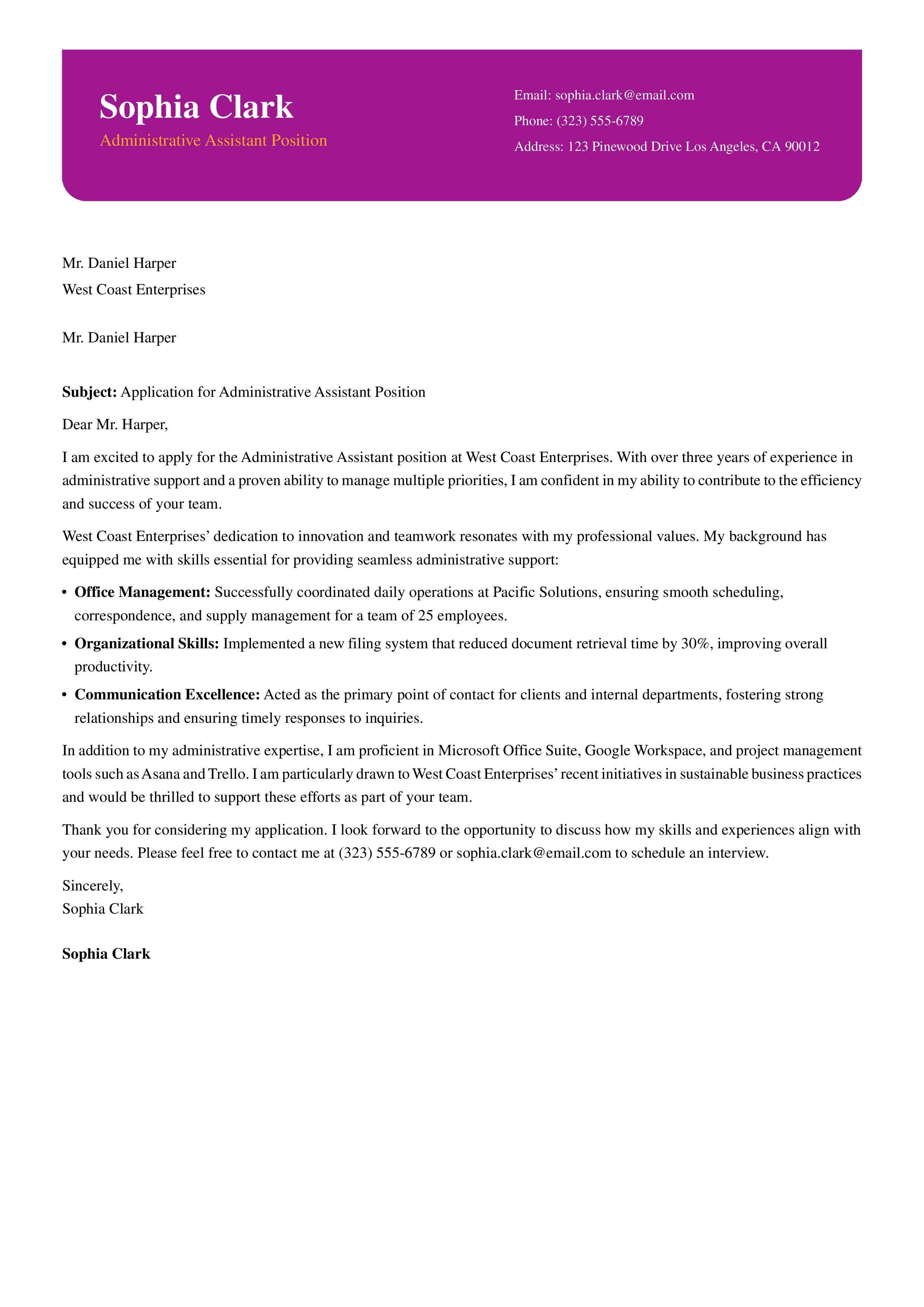 Administrative Assistant Cover Letter