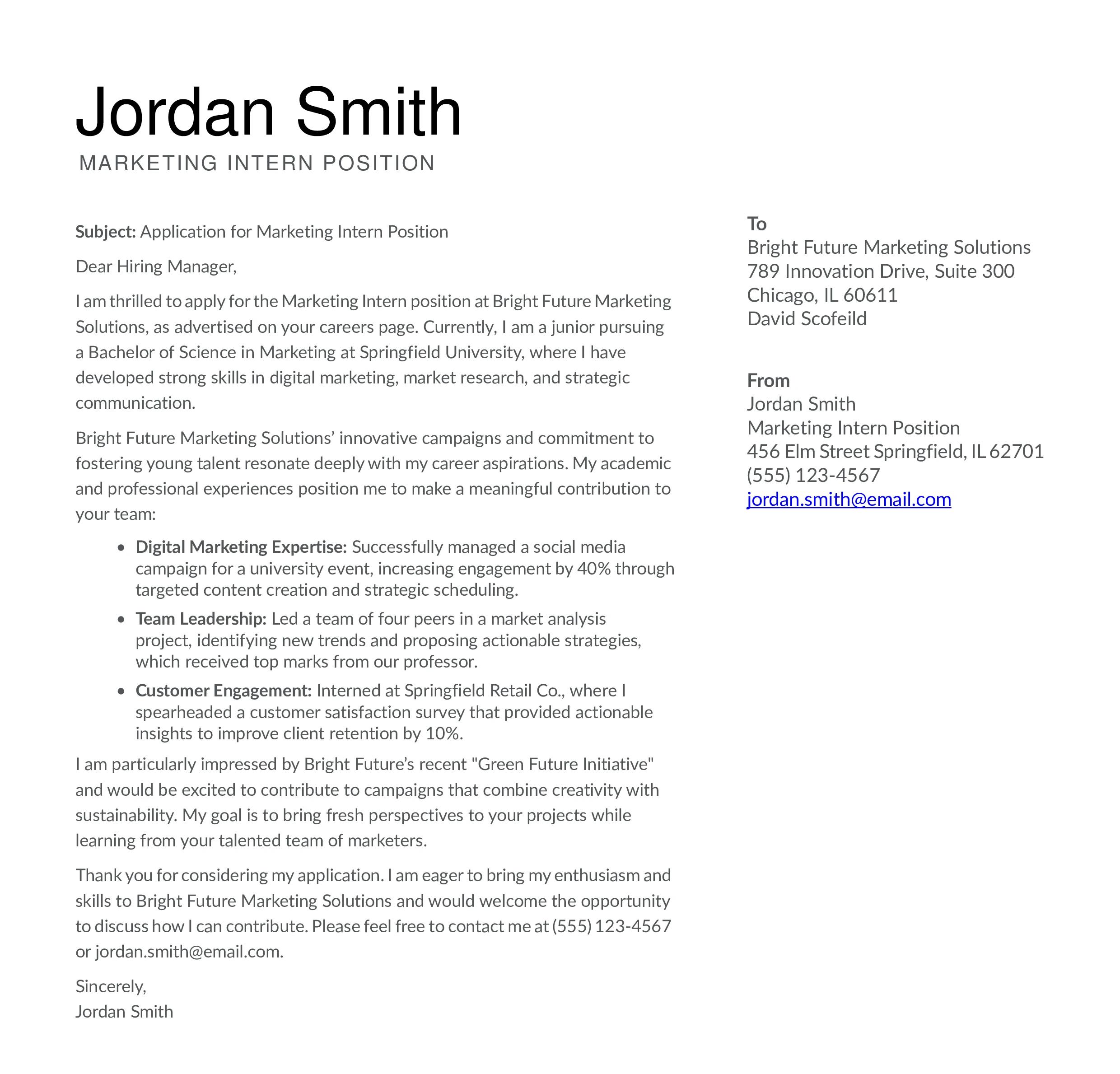 College Student Cover Letter Example
